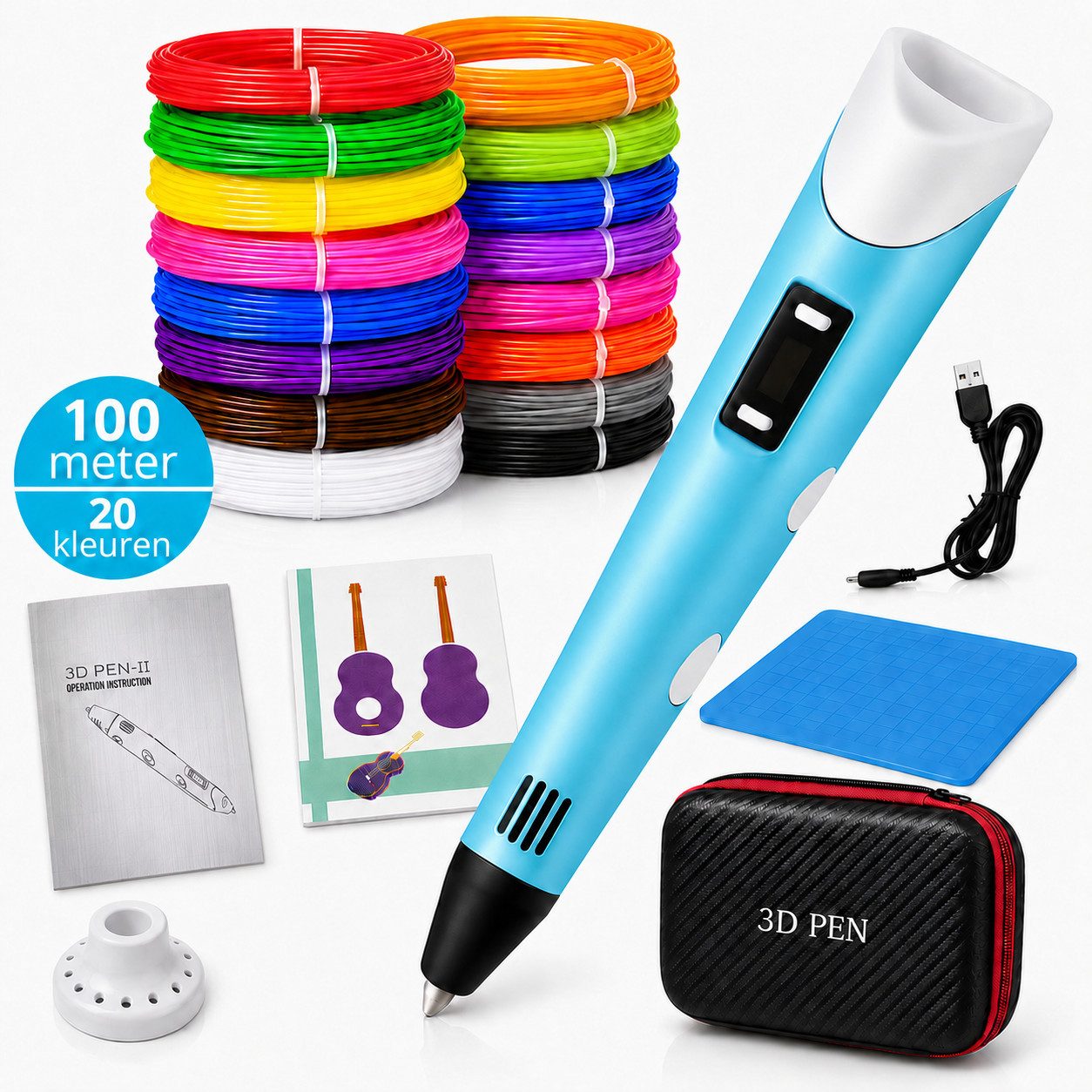 AIMAX 3D-Drucker-Stift 3D Stift Set & 3D-Drucker-Stift mit LCD-Display, PLA Filament, Blau, 3D Stift & Druckstift, 20 Farben Filament, USB, Vorlagen & Etui