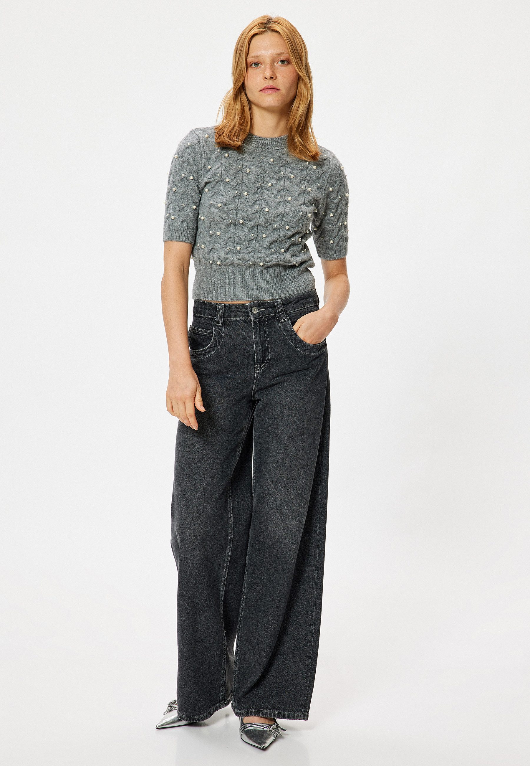 Koton Kurzarmpullover Rundhalsausschnitt Mit Steindetails