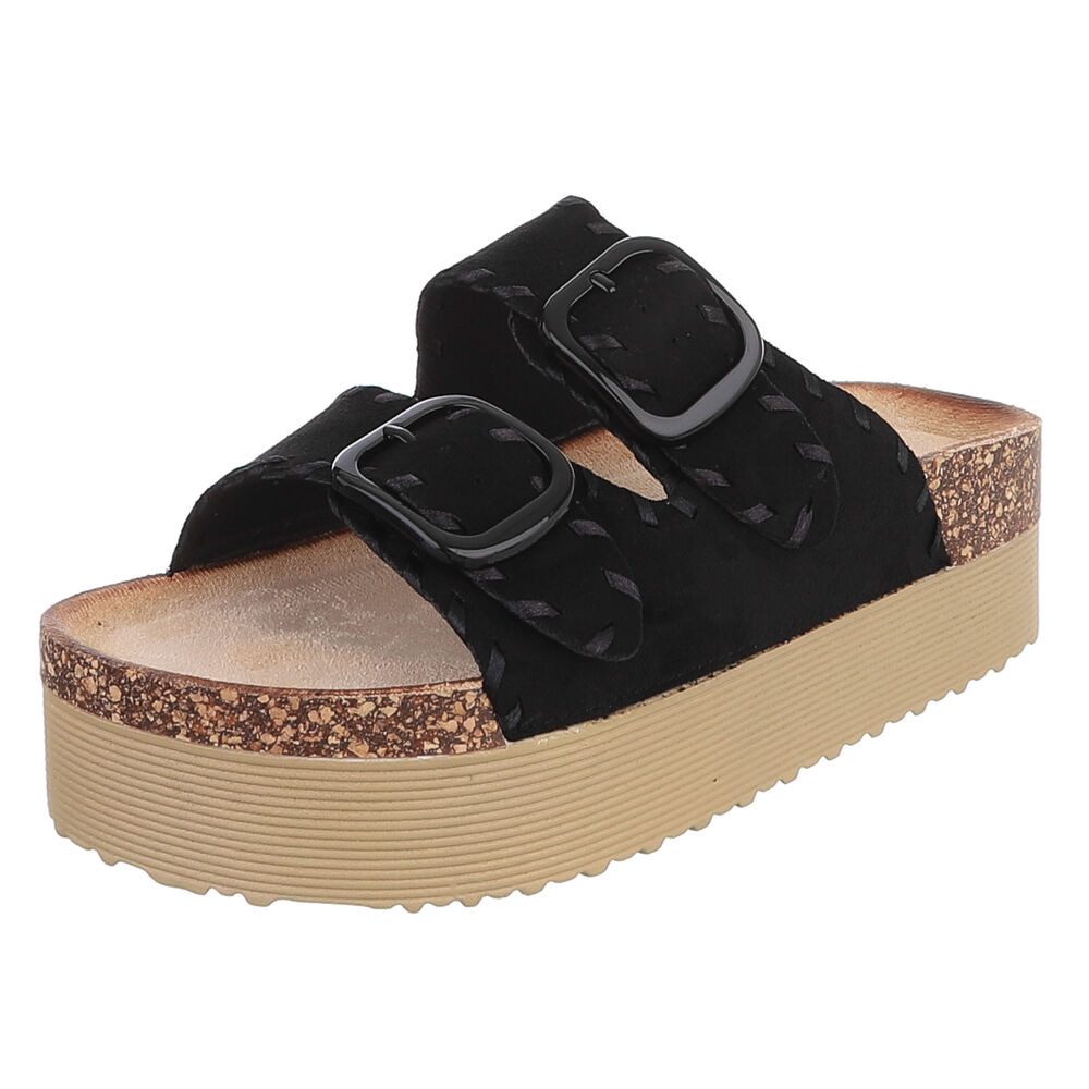Ital-Design Damen Plateau-Pantolette mit Schnallen und Zierprägung Plateausandaletten (91895613) Flach Pantoletten in Schwarz