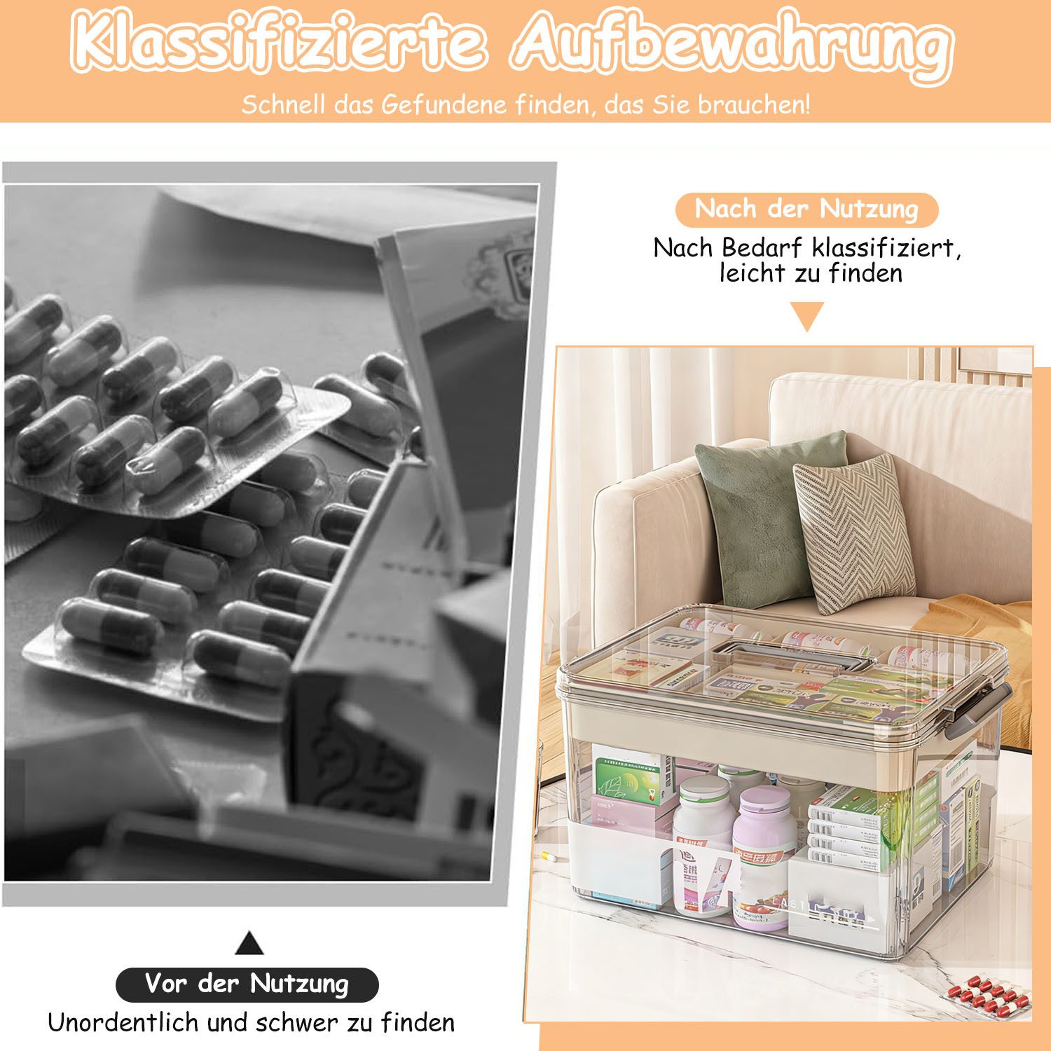 HEYHIPPO Stapelbox Handliche Medikamentenbox mit 2 Etagen, groß und praktisch für Zuhause (Aufbewahrungsbox aus verdicktem PET-Material, Größe 28 x 21 x 17 cm), – Bild 4 von 5