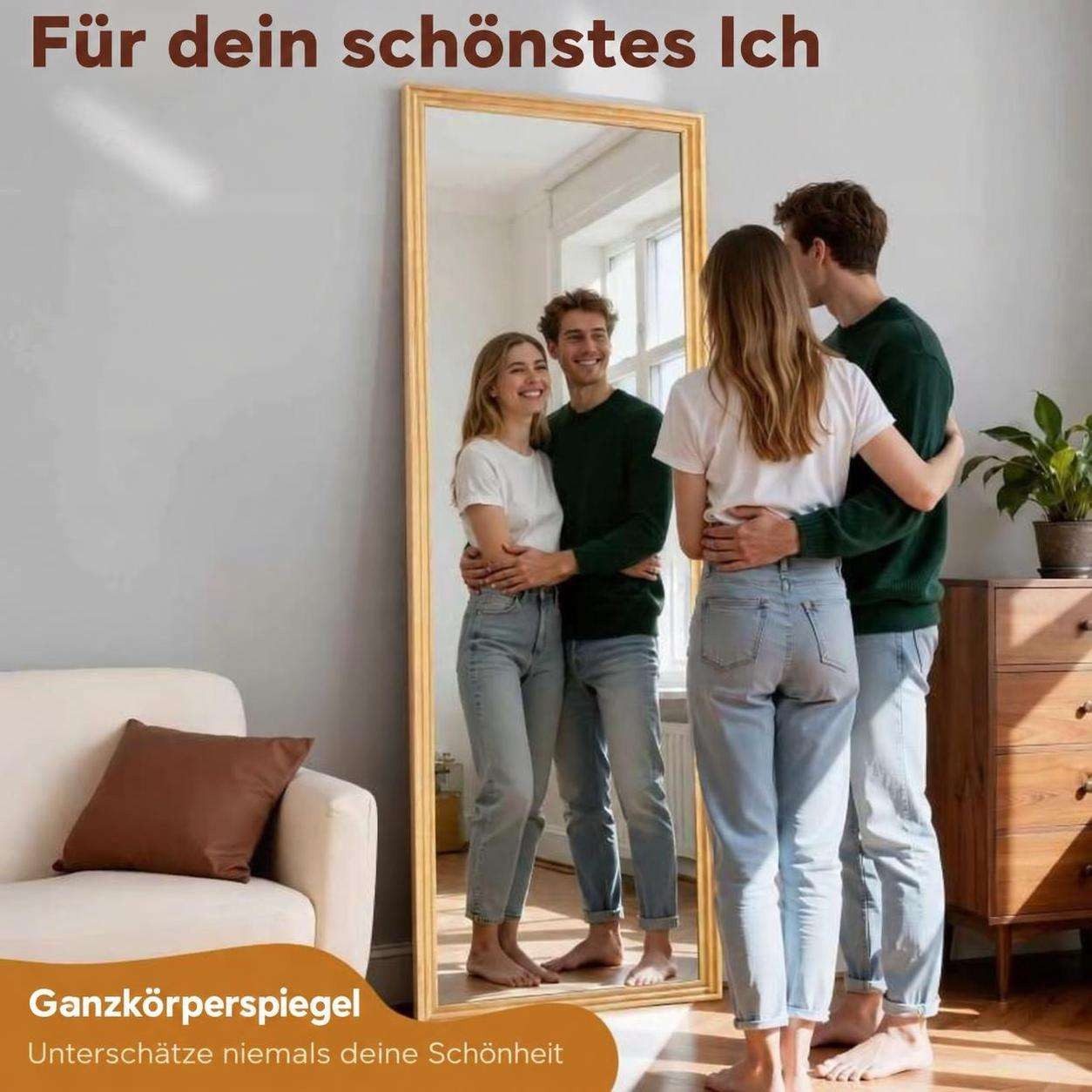 Aiorber Standspiegel Aiorber-Brauner Ganzkörperspiegel 160x50cm mit Ständer, Holzrahmen, Verzerrungsfreie HD-Spiegeloberfläche, stabiler Metallständer – Bild 3 von 5
