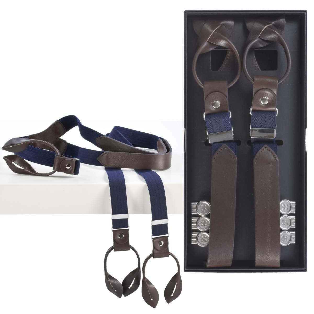 LLOYD Men\'s Belts Hosenträger Casuals Holländer, Hosenclips, 25mm  Bandbreite, dunkelblau, braune Lederparts