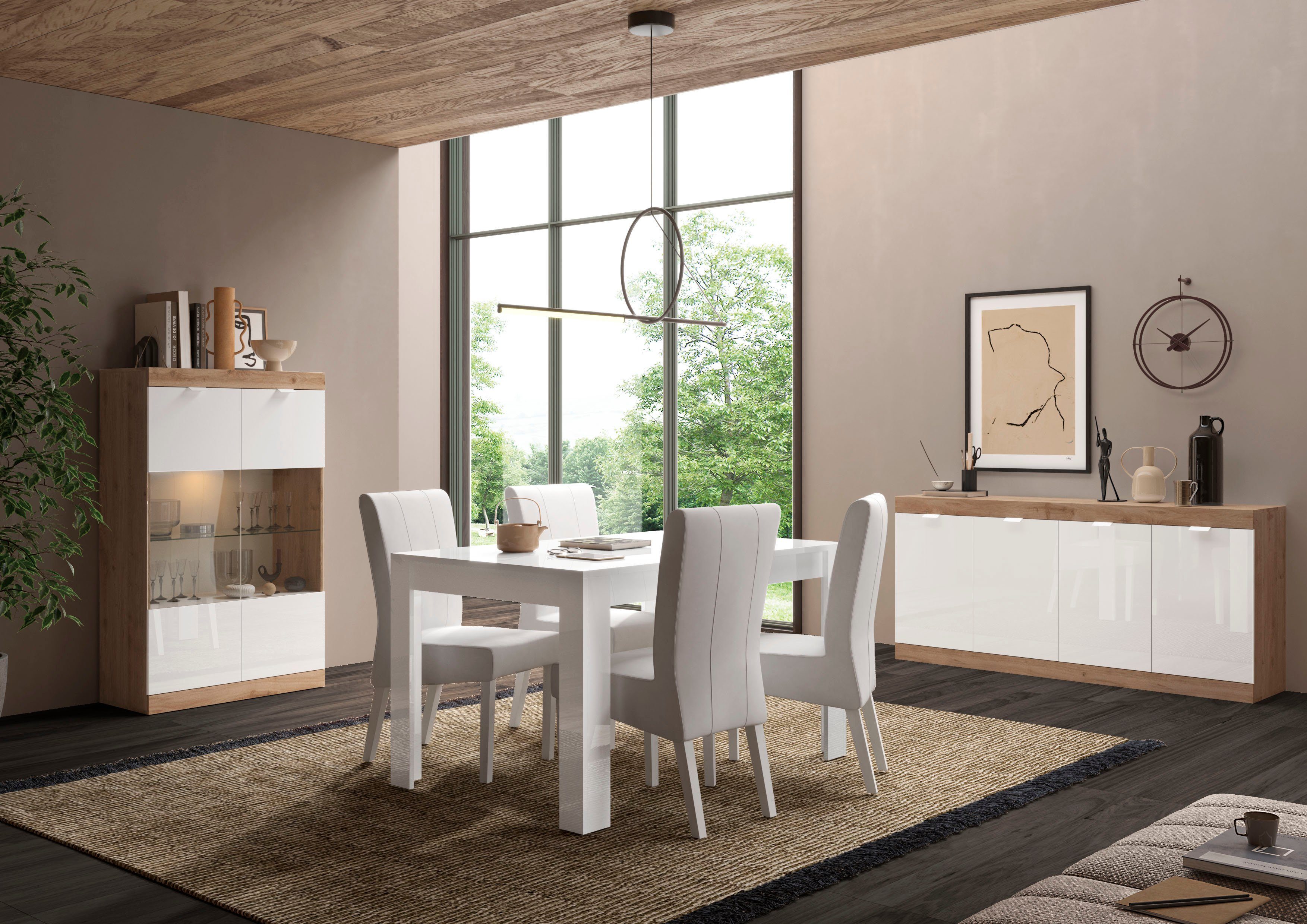 / Lack Slim, Sideboard NB Breite Lack 181 Hochglanz Cadiz LC weiß Hochglanz Weiß cm, Eiche