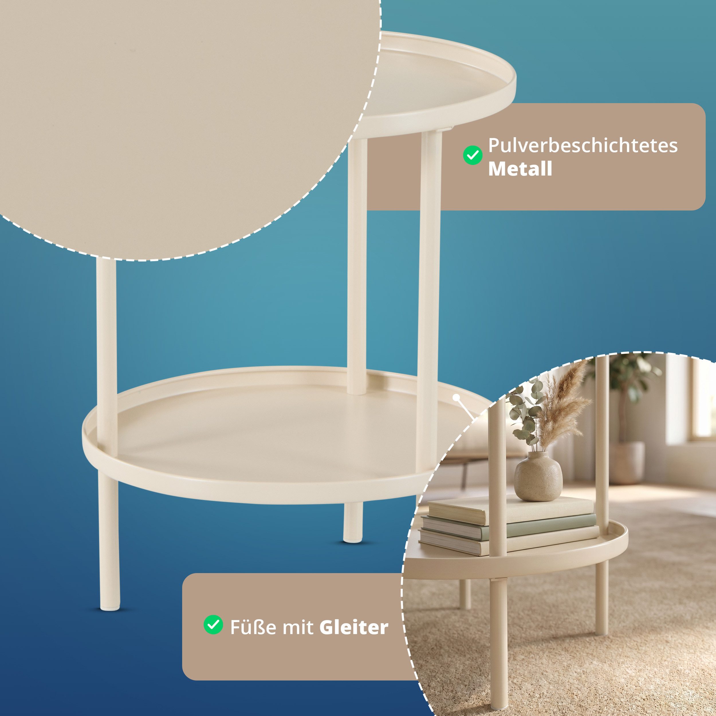 KHG Beistelltisch Rund Beige Ø 41 cm moderner Sofatisch elegant (Dekorative Ablage für Getränke, Bücher oder Wohnaccessoires, platzsparend, modern und vielseiti – Bild 5 von 5
