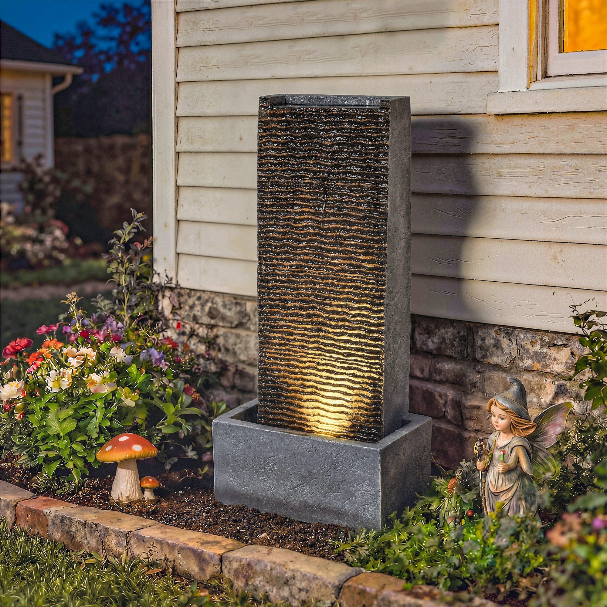 Outsunny Gartenbrunnen mit LED Beleuchtung, Pumpe, Granitoptik, 37.5 cm Breite, Wasserbecken BxT: 22x22 cm, (Springbrunnen, 1 tlg., Zimmerbrunnen), für Garten Rasen 37,5 x 22 x 80 cm