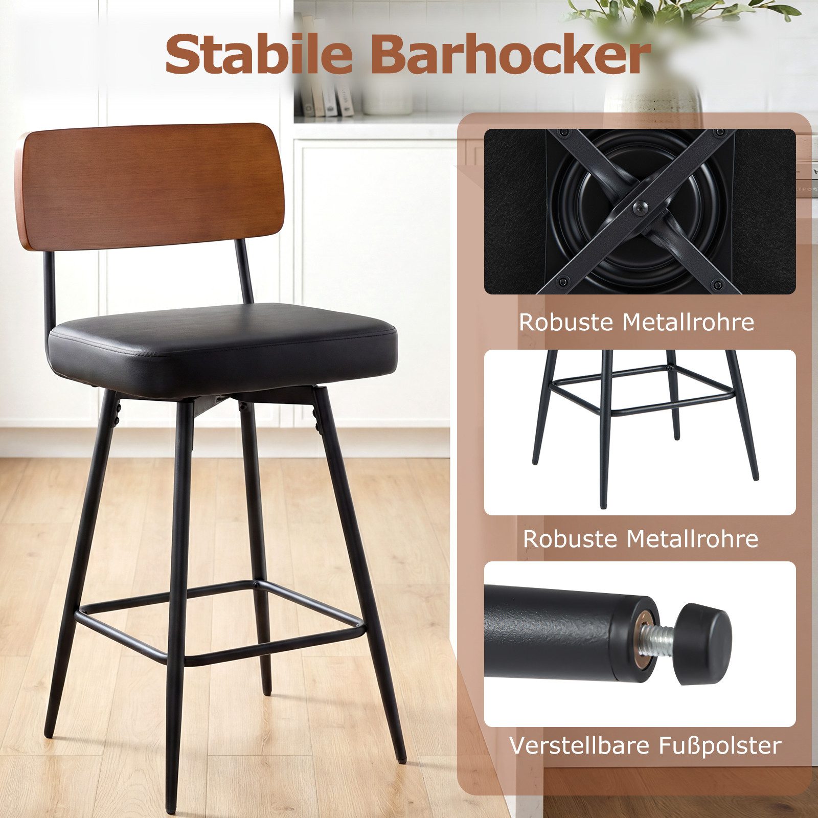 COSTWAY Barhocker (2 St), Barstuhl mit gepolsterter Rückenlehne & Fußstütze
