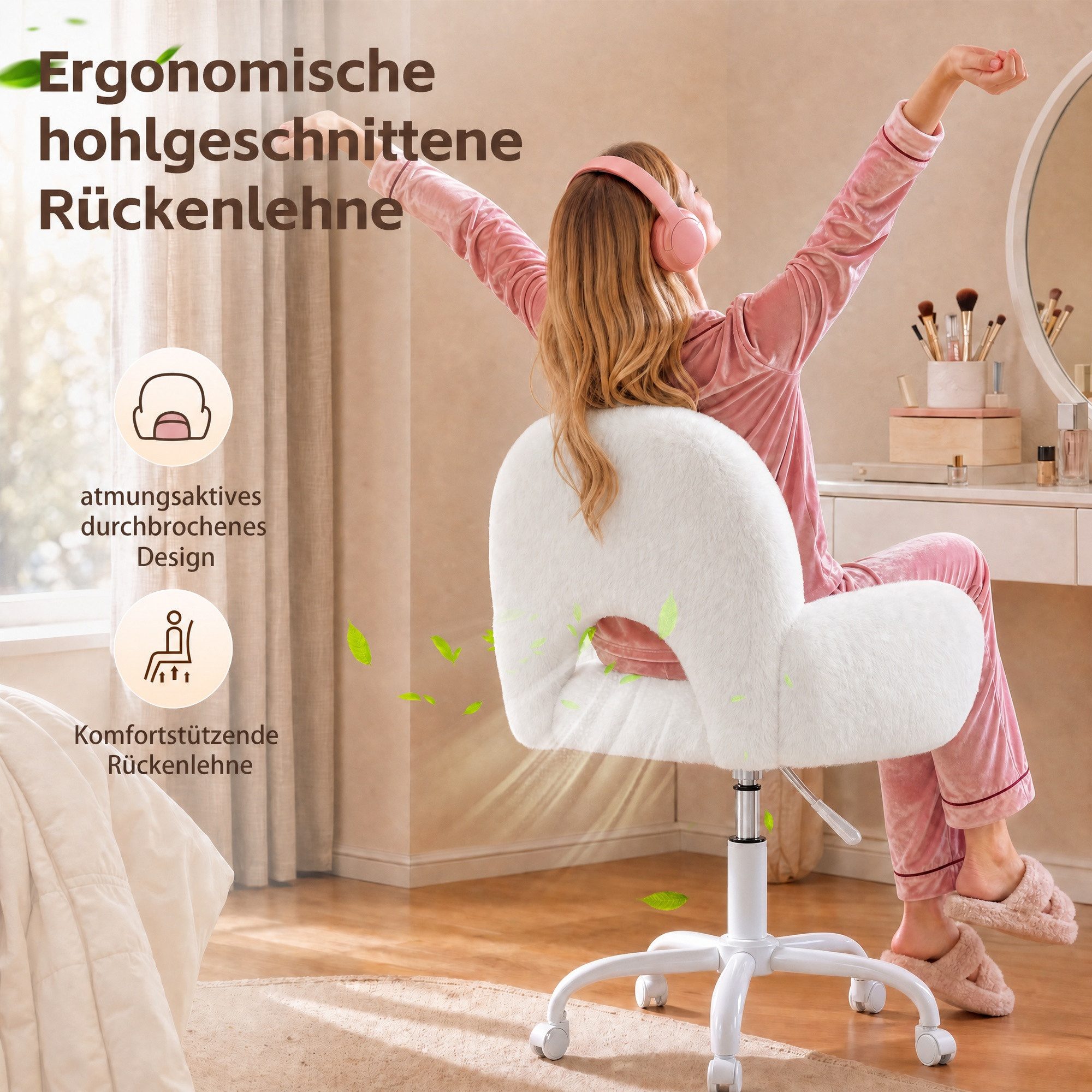 Klyvvo Drehstuhl Bürostuhl, Schreibtischstuhl mit weichem Kunstkaninchenfell (ideal für Homeoffice, Schlafzimmer, 1 St), Höhenverstellbarer Schminktisch Stuhl m – Bild 4 von 5