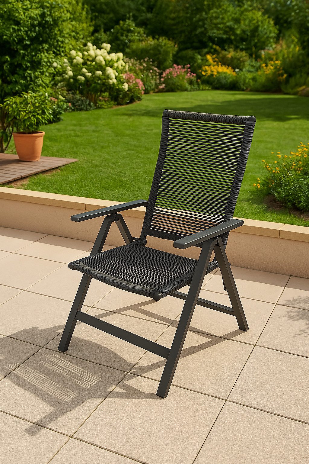 belavi Klappstuhl Rope-Klappsessel, verstellbarer Gartenstuhl klappbar mit Armlehnen, wetterfest & UV-beständig, ideal für Balkon & Terrasse, grau