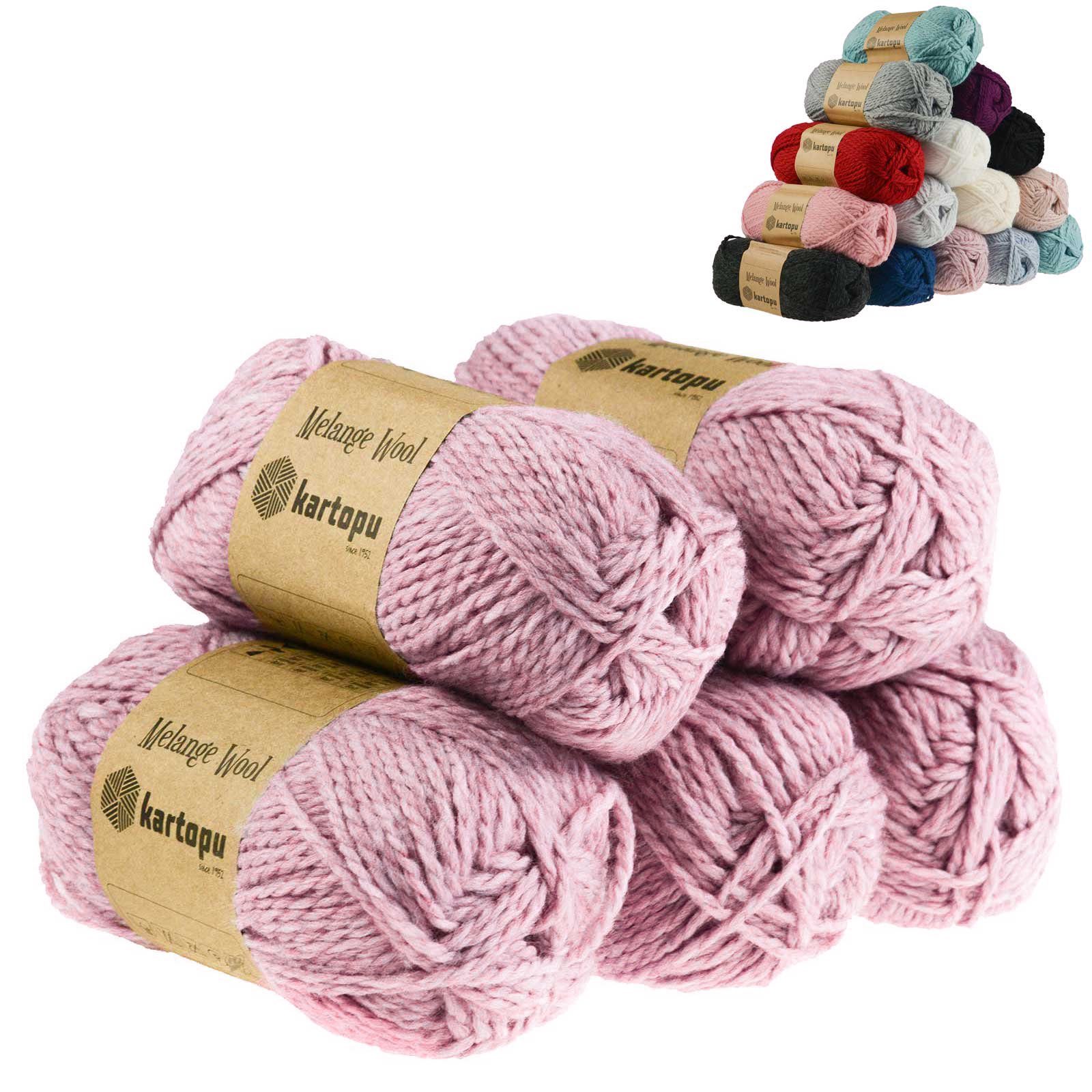 Kartopu 5 x 100g Strickgarn Kartopu Melange Wool Häkelwolle, 170 m, K9004 rosa meliert