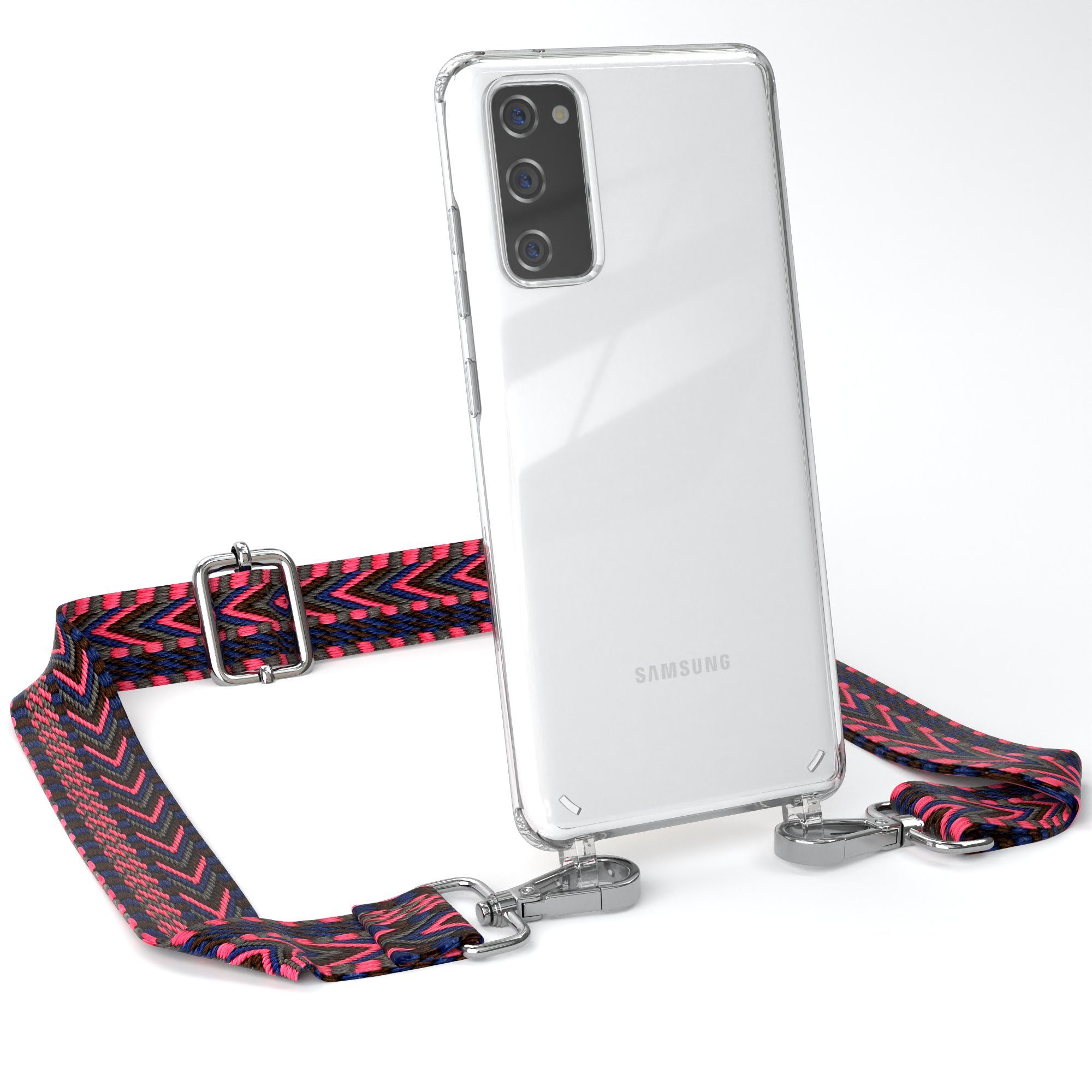 EAZY CASE Handykette Boho Umhängeband für Samsung Galaxy S20 FE / 5G 6,2 Zoll, Verstellbarer Trageriemen mit Case transparent DIY Gürteltasche Pink