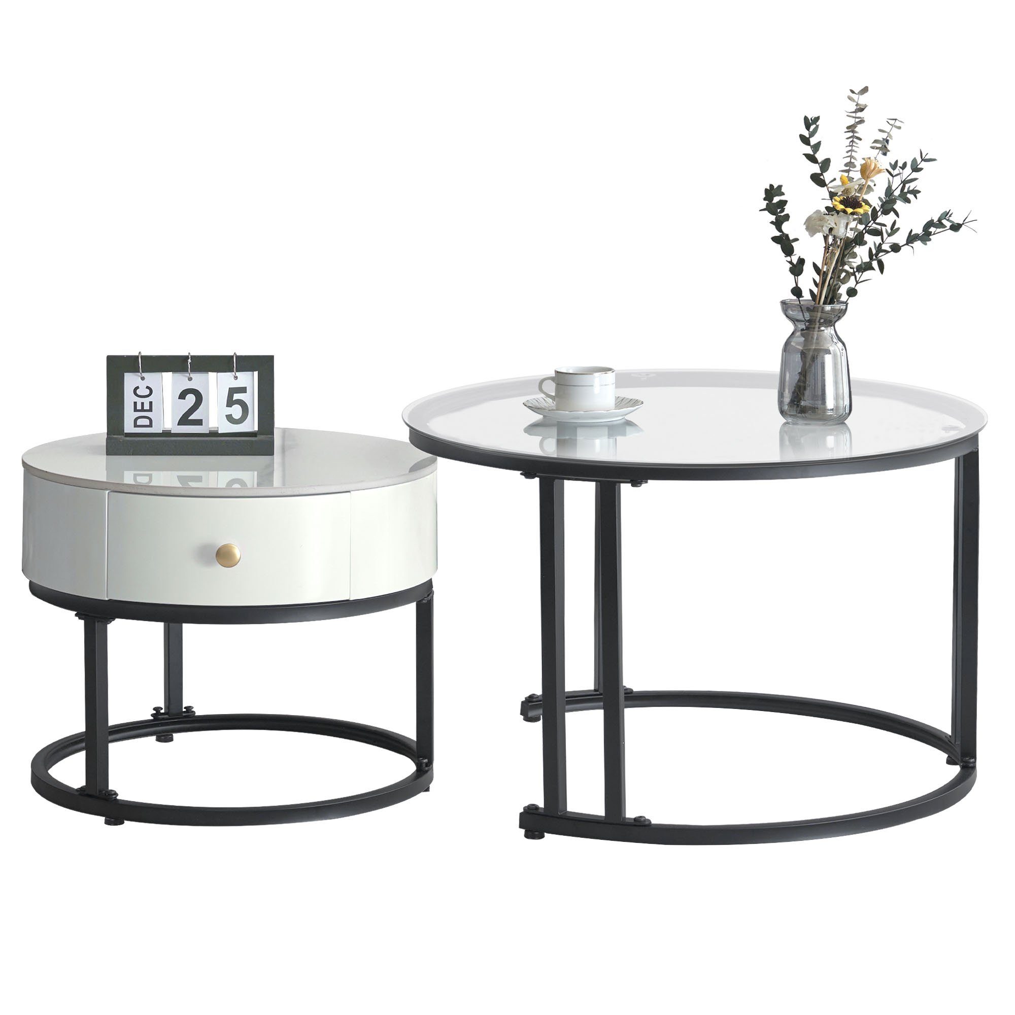 mit Set Satztisch Beistelltisch mit (2-St), OKWISH und 2er Glasplatte Marmor-Tischplatte Metallrahmen Couchtisch