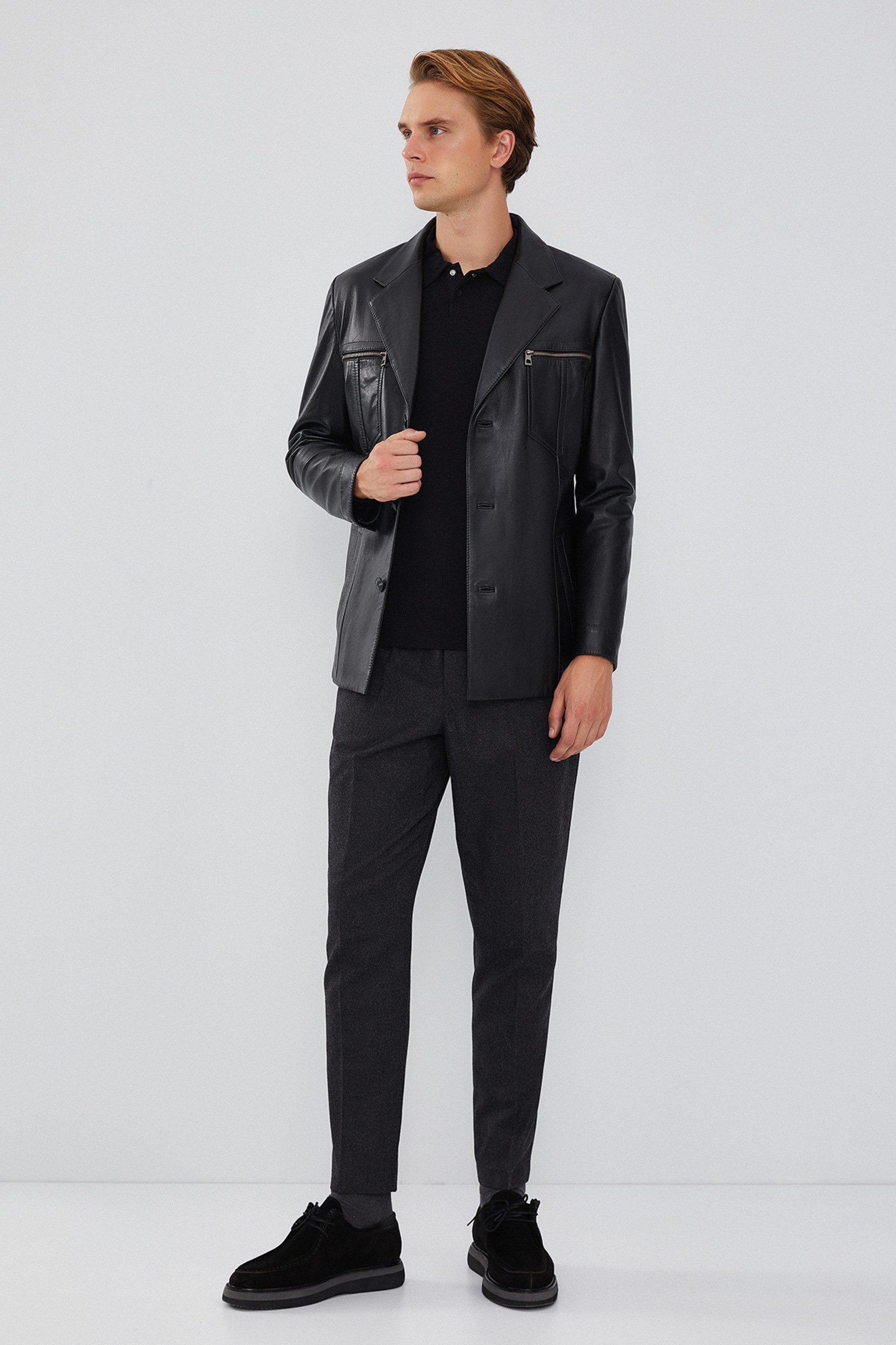 Derimod Lederjacke Bernard Lederjacke Regular Fit, Knopfverschluss, Reverskragen, Kurz, Textilfutter