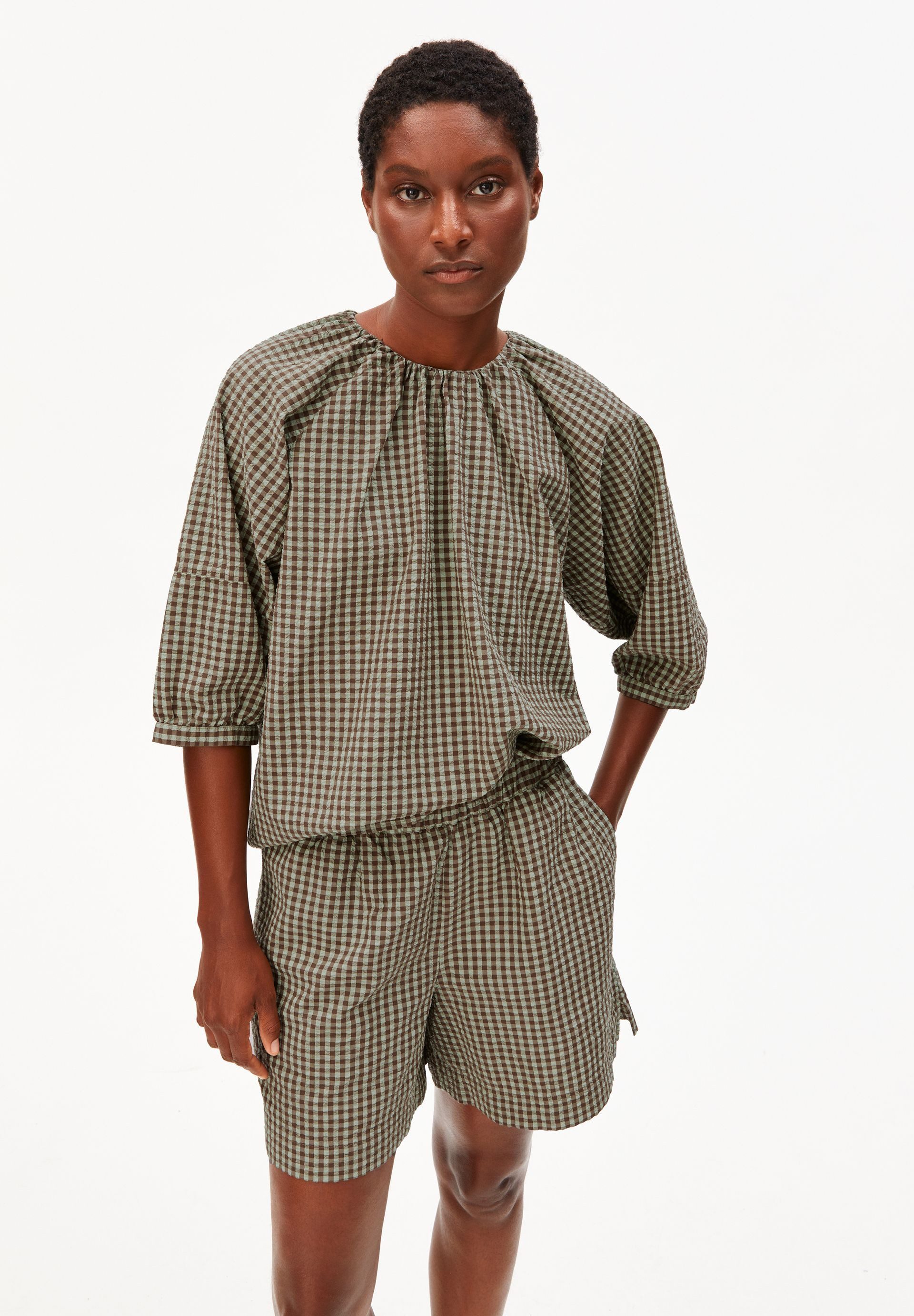 Armedangels Kurzarmbluse VICHY SEERSUCKER 100% Bio-Baumwolle Loose Fit