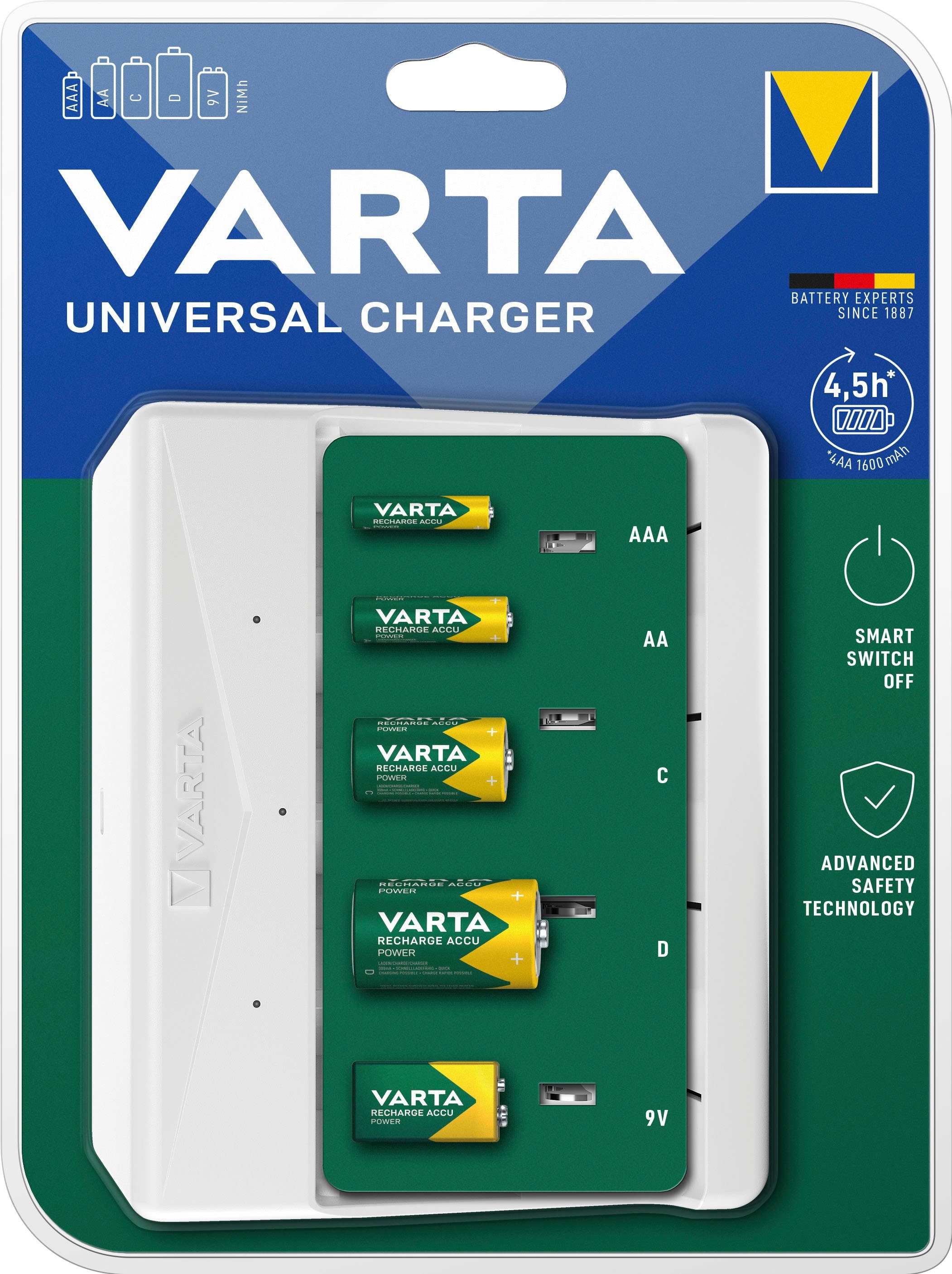 VARTA Universal Charger Batterie-Ladegerät (1-tlg), 4-Schacht-Ladegerät für  NiMH-Akkus mit USB-Kabel Typ C