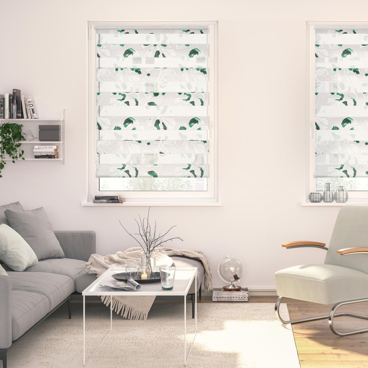 Doppelrollo Duo Rollo Klemmfix, ohne Bohren, blickdicht, Monstera - Schwarz