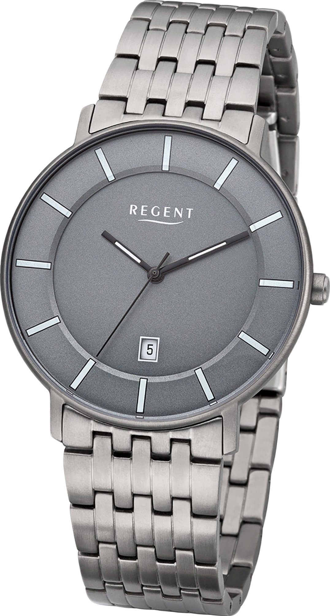 Regent Quarzuhr Regent Metall Herren Uhr F-1175 Analog, Herrenuhr Metallarmband silber, rundes Gehäuse, mittel (ca. 39mm)