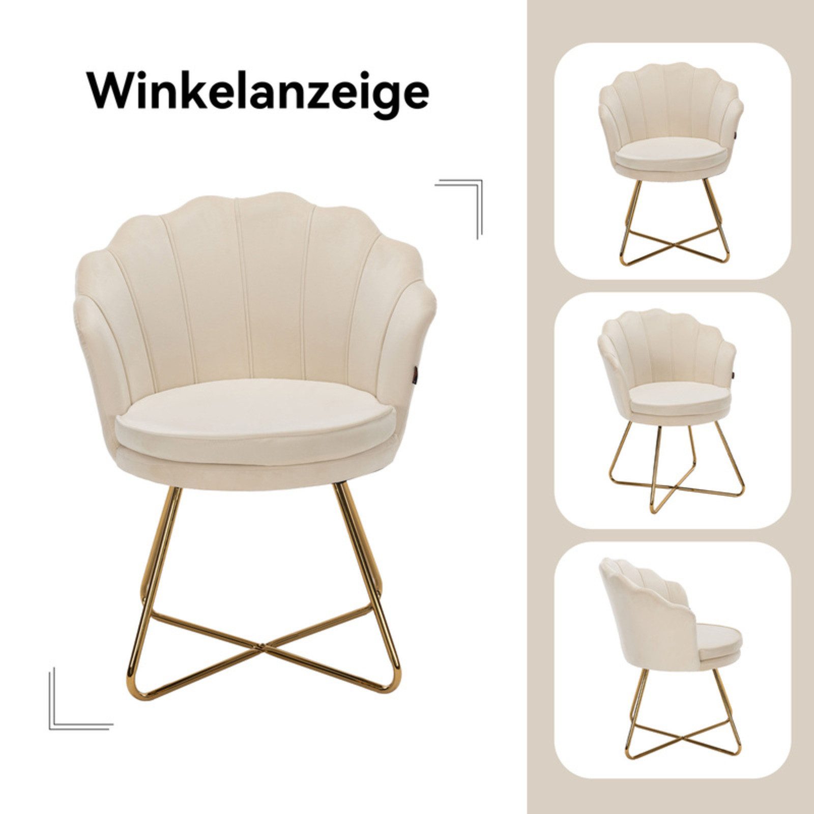 HawthyHome Polsterstuhl Polstersessel mit Blütenblatt-Rückenlehne & Goldene Metallbeine (1 St), ideal für Esszimmer & Schminktisch – Bild 4 von 5