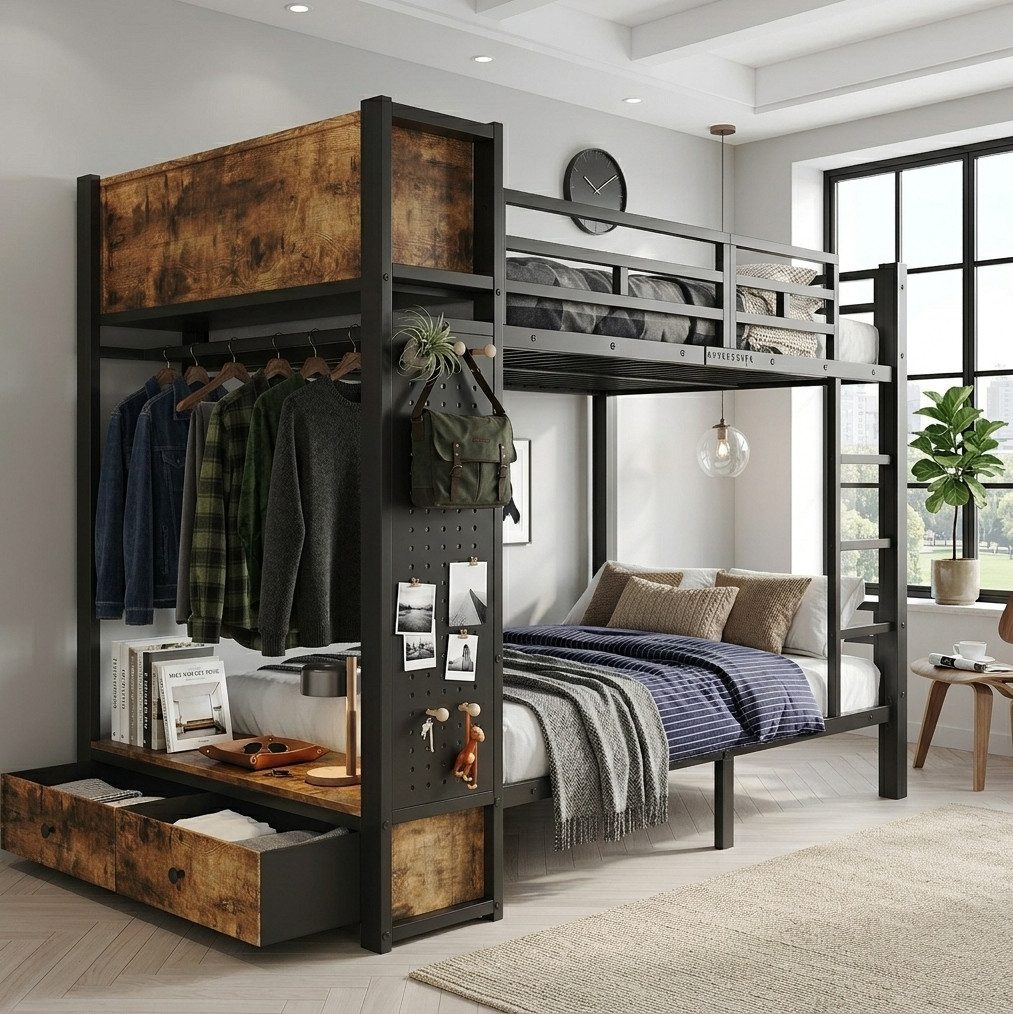 REDOM Etagenbett Kinderbett mit integriertem Aufbewahrungssystem, Metallbett (120x200 cm Funktionsbett, Kleiderbügelstange, Schublade, Ablageflächen und praktischer Lochwand, Jugendbett Stauraumbett), ohne Matratze