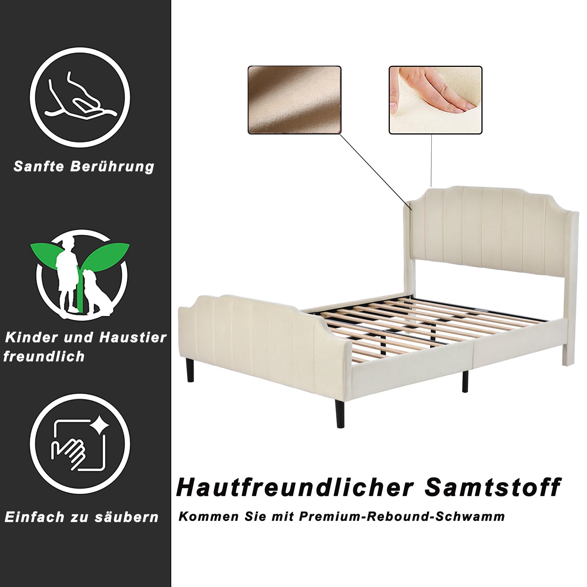 Polsterbett (Doppelbett 140 x 200 cm mit Kopfteil und Lattenrost), Jugendbett mit Gepolstertes Kopfteil, Bezug aus Samt