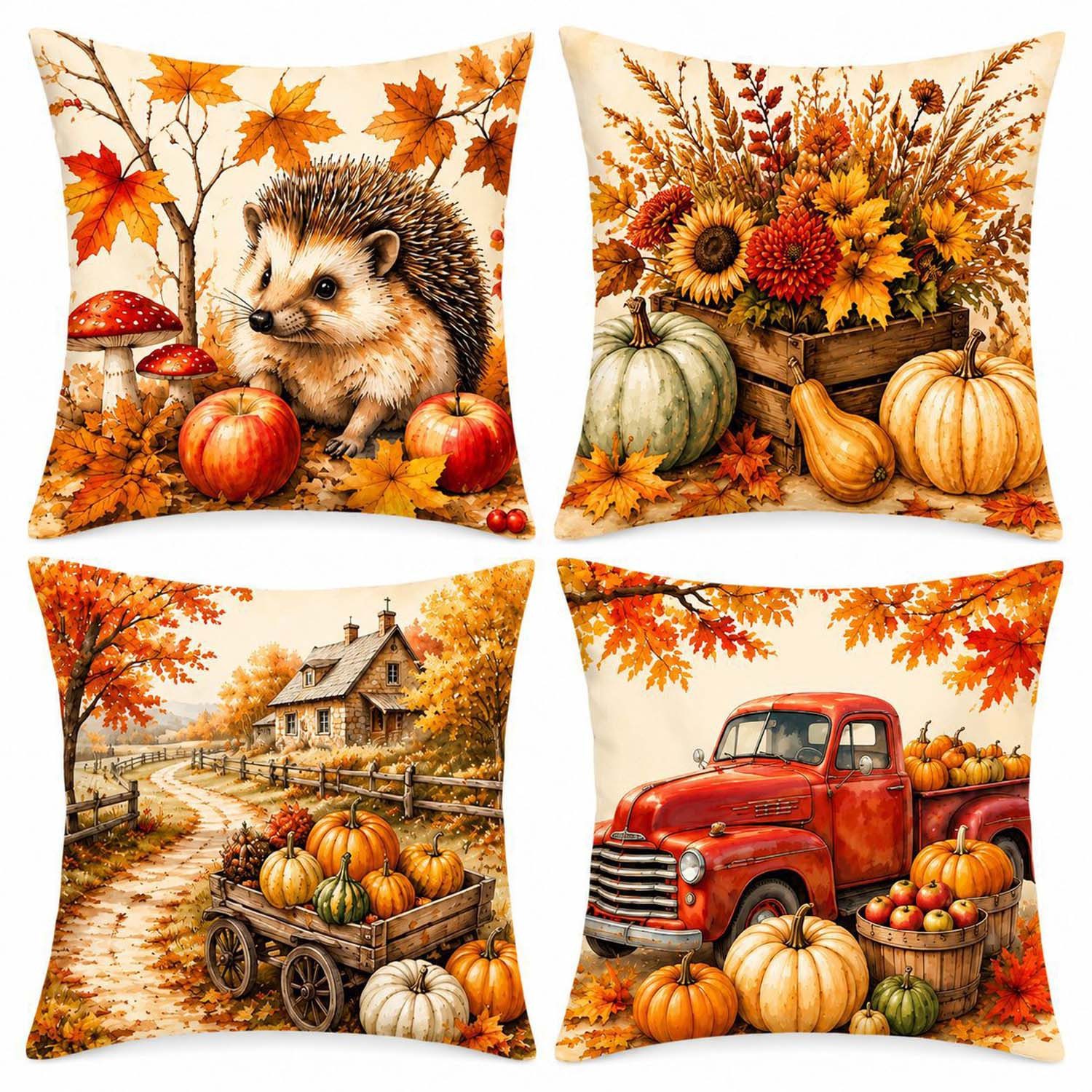 Zyronn Kissenbezug 4er-Set Vintage Aquarell Herbst Kissenbezüge, doppelseitiger