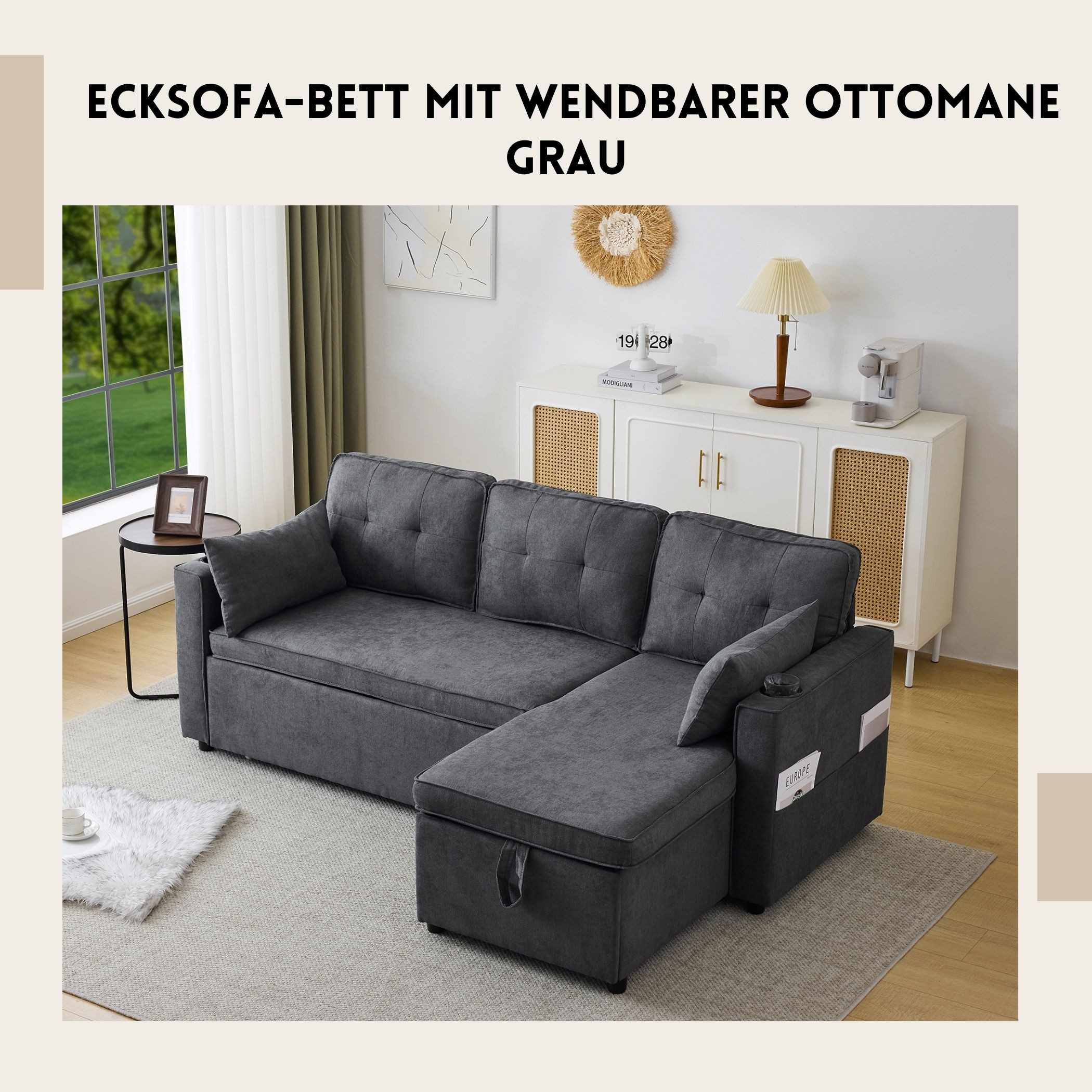 SeedWave Schlafsofa Ecksofa-Bett mit Wendbarer Ottomane, Inklusive Stauraum, Leinenstoff, Integrierter Becherhalter, Stilvolles 3-Sitzer