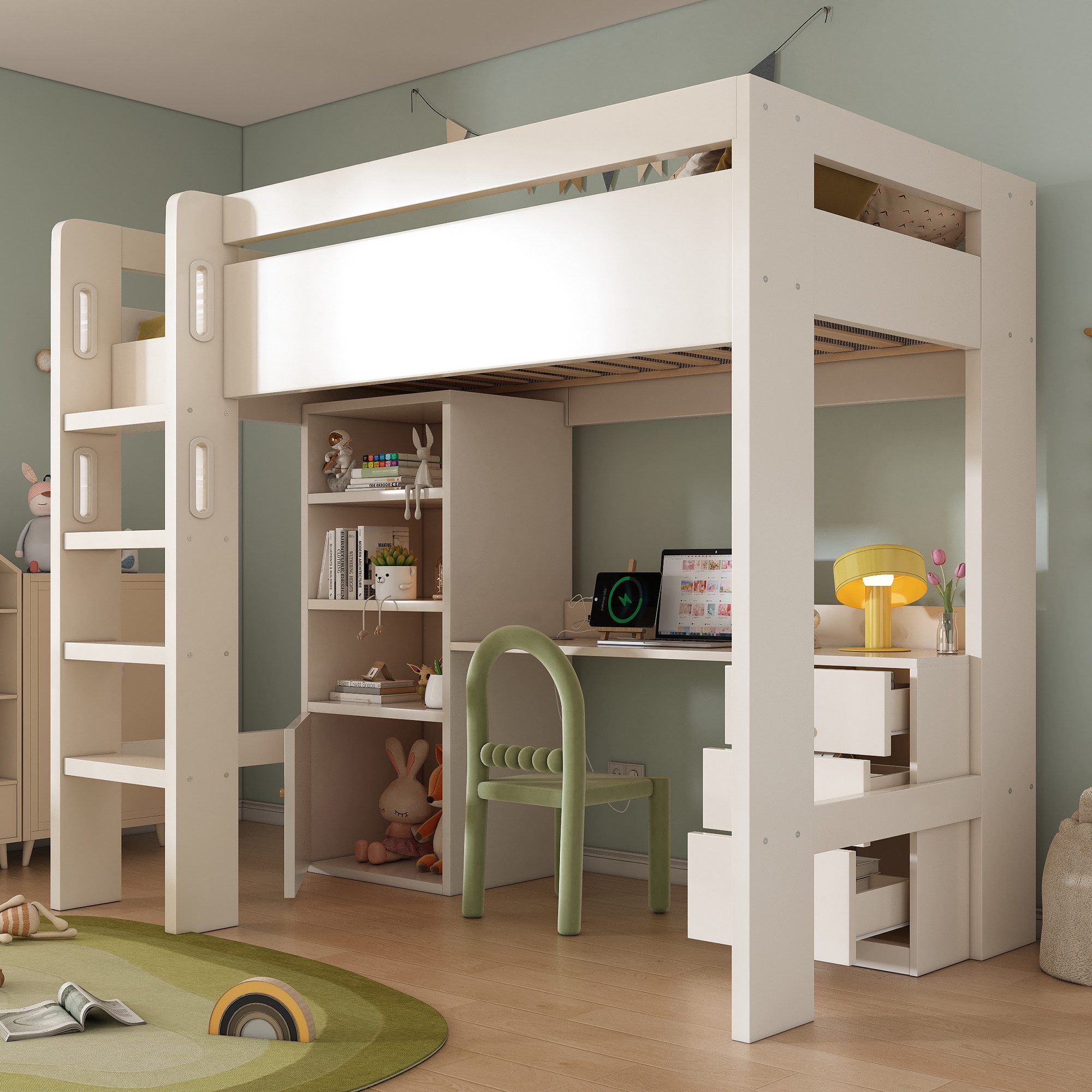 Ulife Hochbett Kinderbtt mit USB-C Schreibtisch, Kleiderschrank und Aktenschrank Jugendbett Einzelbett mit Treppe und Lattenrost, 90x200cm – Bild 4 von 5