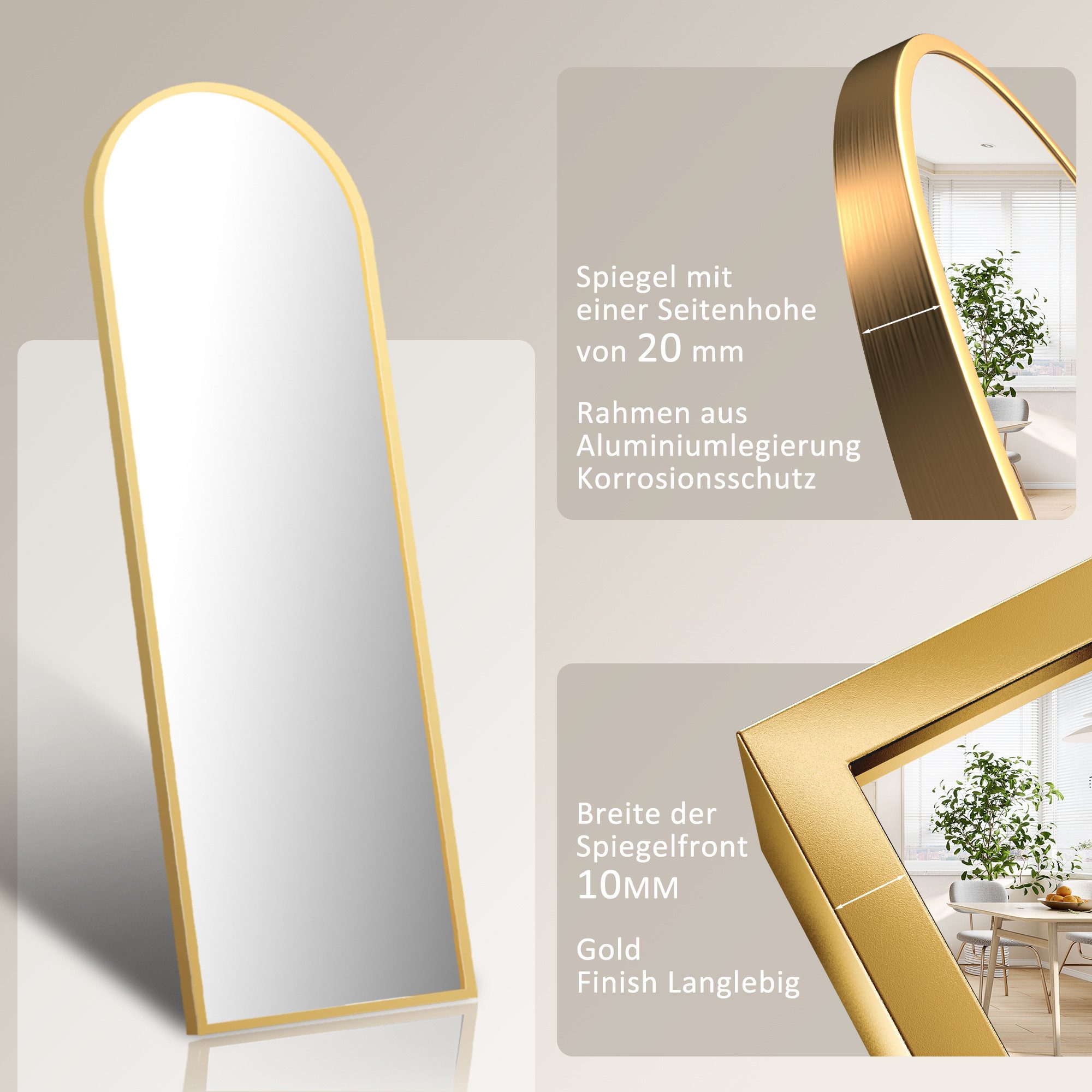 Hopibath Ganzkörperspiegel Wand Gold 150x50 (Standspiegel Hängespiegel groß, Oval), für Hotel Flur Garderobe Schlafzimmer Wohnzimmer