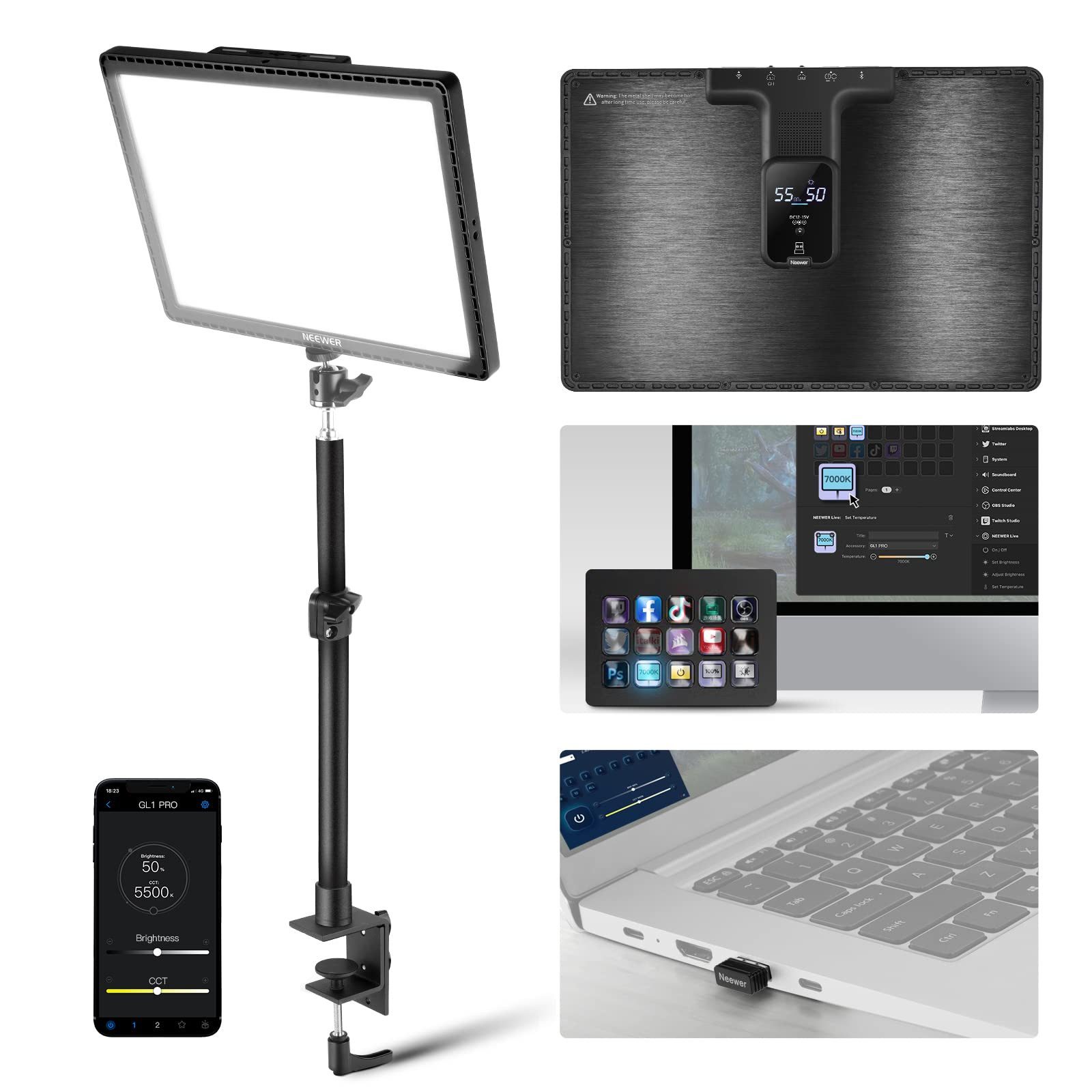 Neewer Videoleuchte GL1 PRO 15,5" LED Streaming Key Light, mit Tischklemme, App Steuerung, kompatibel mit Elgato Stream Deck, Panel Videolicht für Gaming Zoom