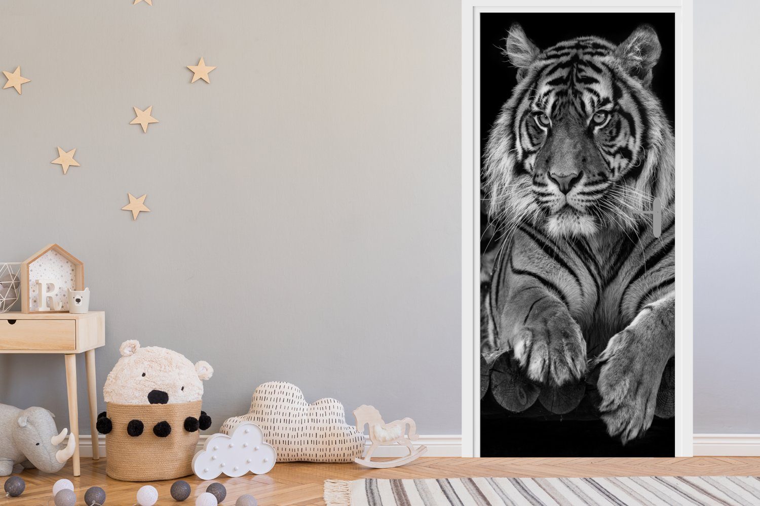 Sumatra-Tiger Matt, für St), MuchoWow 75x205 in Tür, Schwarz Türtapete (1 und bedruckt, Weiß, cm Tierprofil Fototapete Türaufkleber,