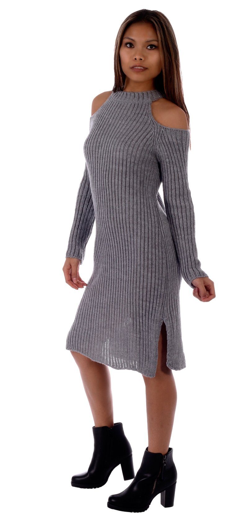 Charis Moda Strickkleid Pulloverkleid Cut Out Ärmel in Grobstrick-Optik günstig online kaufen