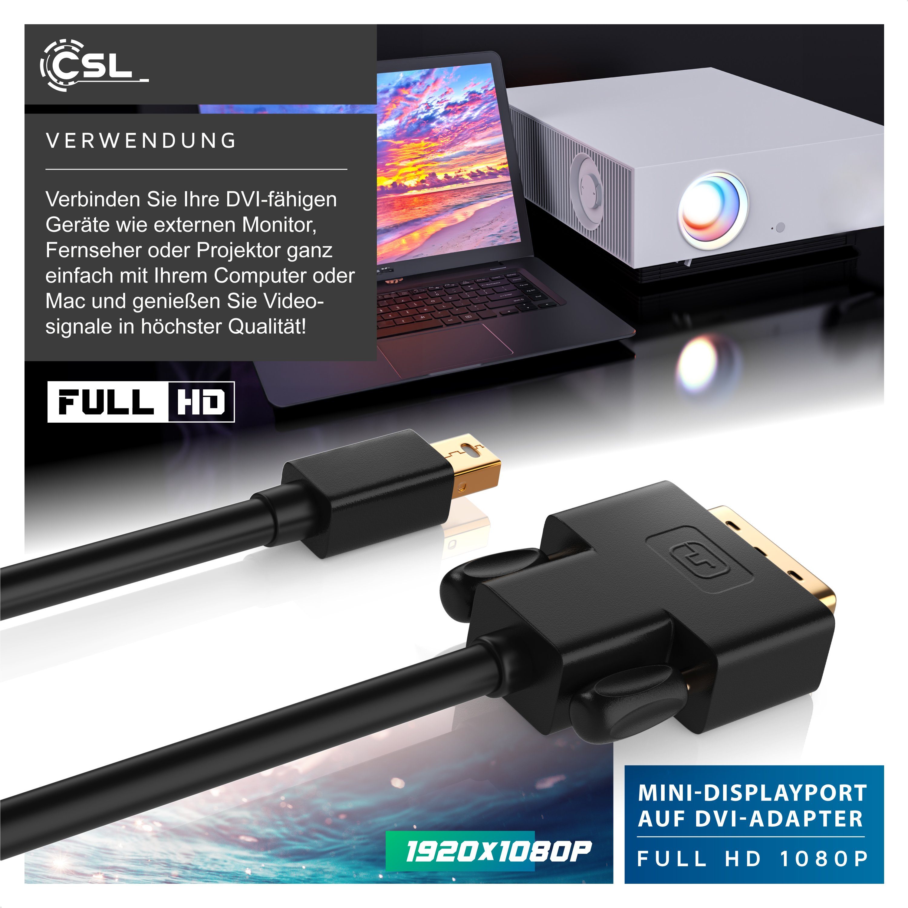 CSL Video-Kabel, Mini DisplayPort, DVI (200 cm), miniDP Monitor Adapter Kabel, für Apple, PC's & Notebooks - 2m