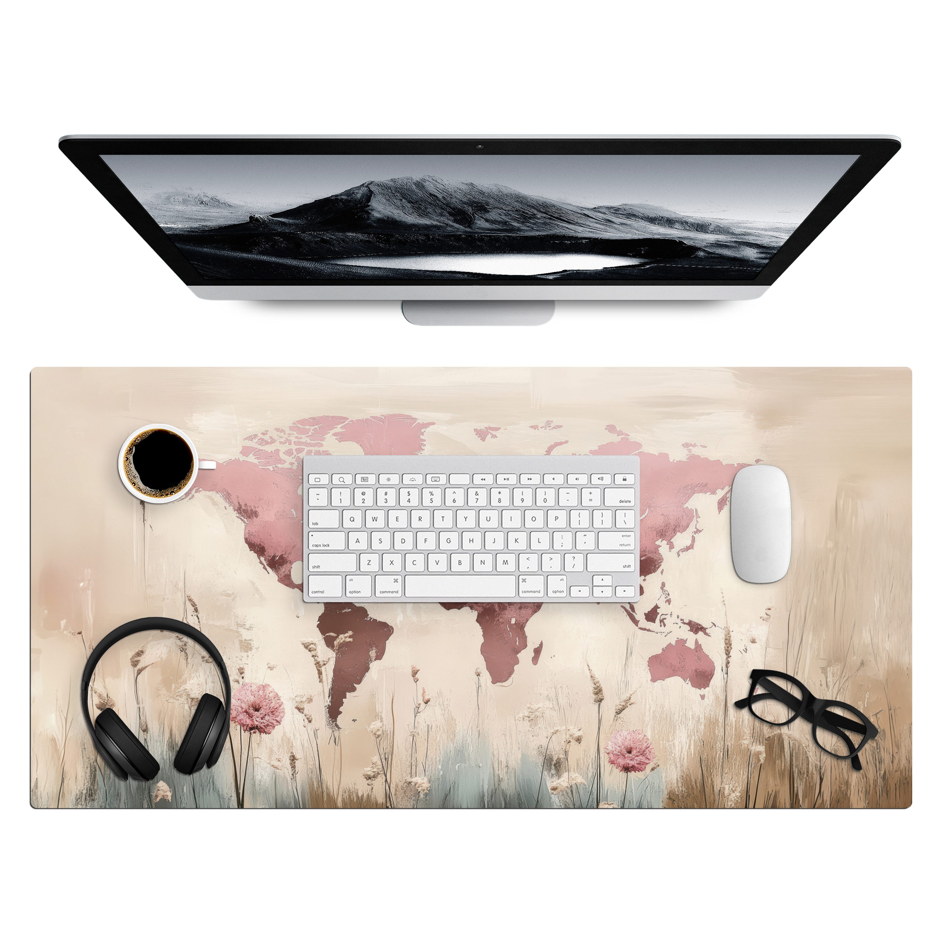 MuchoWow Gaming Mauspad Weltkarte - Rosa - Blumen (1-St), Gaming Mauspad XXL, Schreibtischunterlage, Desk Mat Groß, 80x40 cm