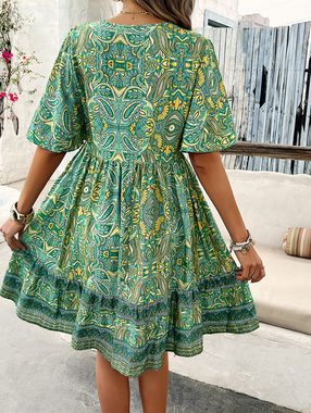BlauWave Dirndl Bedrucktes Kleid mit V-Ausschnitt für Frühjahr/Sommerferien (1-tlg) Holiday Casual Kleid mit kurzen Ärmeln