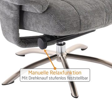 Raburg TV-Sessel Relaxsessel BENNI mit Hocker, MITTEL-GRAU-MELIERT mit Steppung, Ergonomisch geformte Lendenwirbelunterstützung, Inklusive Hocker, Manuell verstellbare Relaxfunktion, mit Drehrad feststellbar, 360° drehbar, Edle Edelstahl-Optik, belastbar bis 120 kg