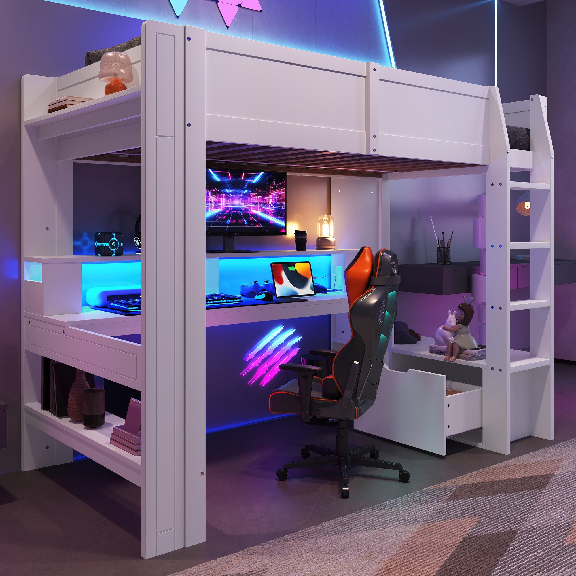 Flieks Hochbett Kinderbett 90x200cm mit LED, Aufladen, Schreibtisch und Stauraum – Bild 3 von 5