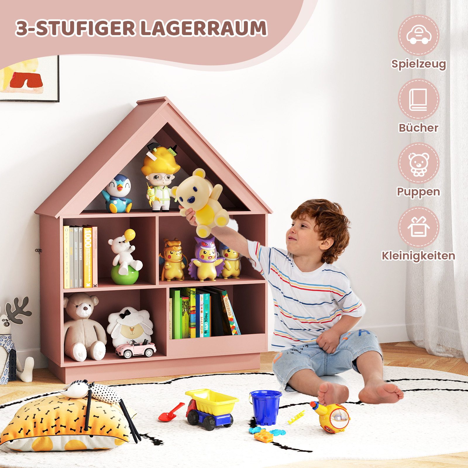COSTWAY Bücherregal, Kinder, in Hausform, mit 5 Fächern, 88 x 34 x 108 cm günstig online kaufen
