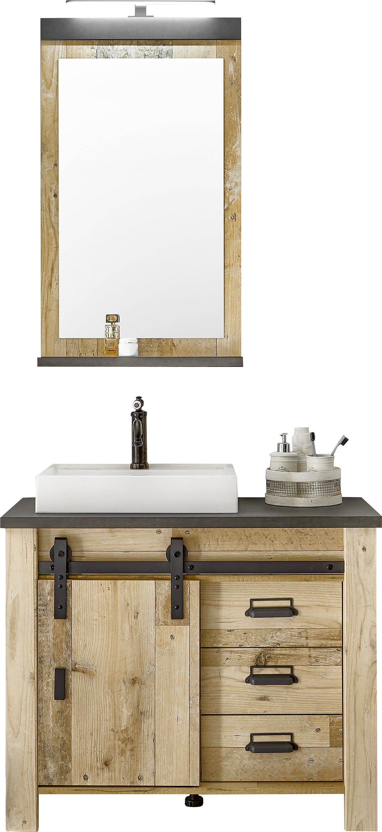 Home affaire Badmöbel-Set SHERWOOD, Bad im modernen Design, 2-teiliges Badezimmer, (2-St), in 2 Farben verfügbar, Scheunentorbeschlag & Apothekergriff aus Metall