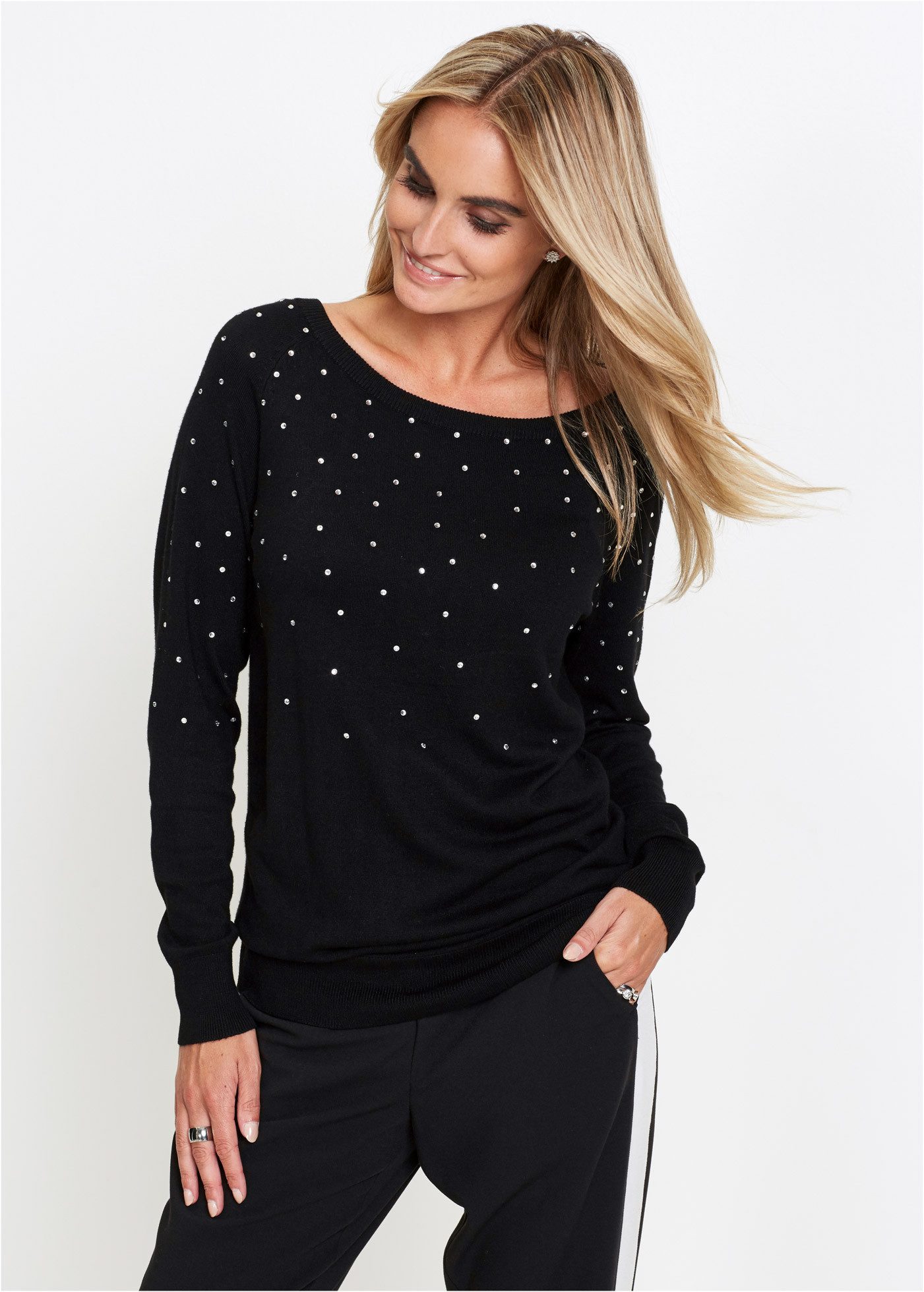 bonprix Strickpullover (1-tlg) Rundhalsausschnitt, mit Steinchenverzierung, Viskosemischung
