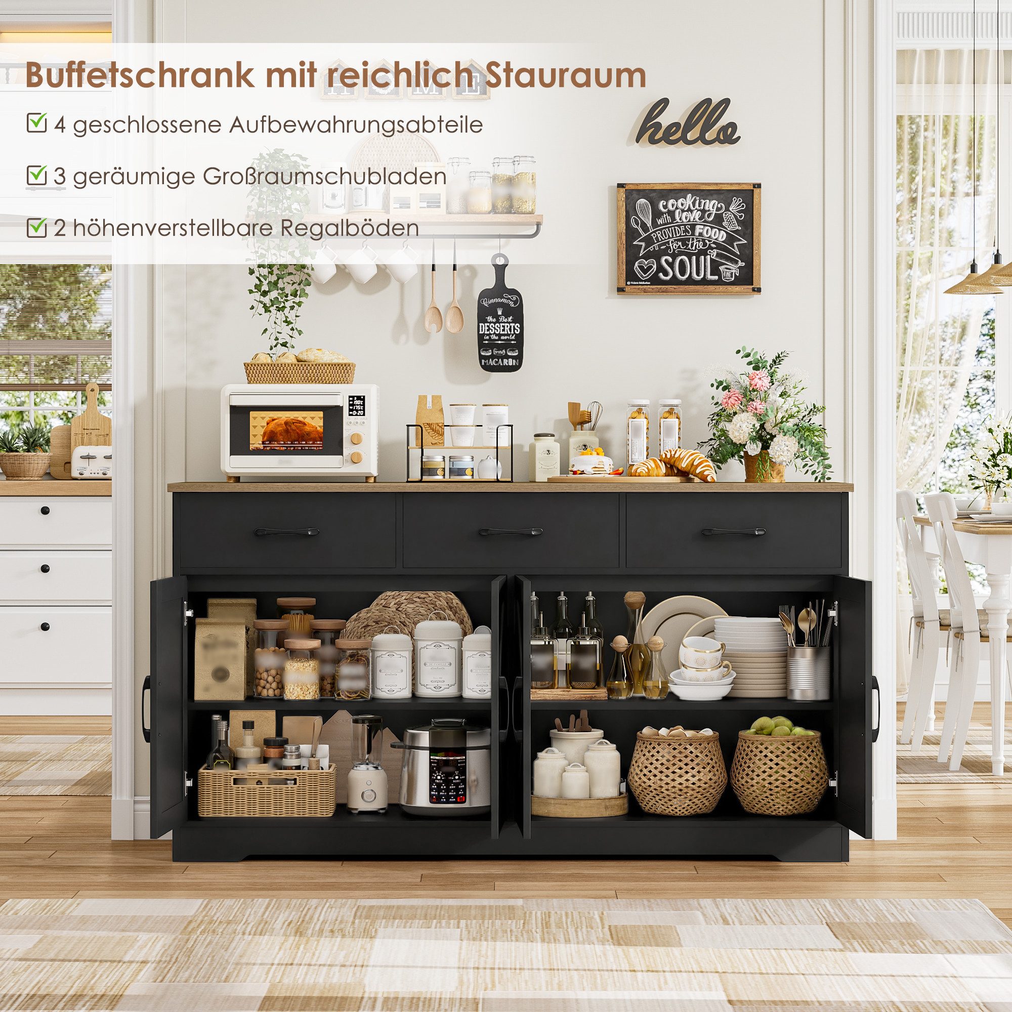 HOMECHO Sideboard, 150cm Breit Küchenschrank mit Arbeitsplatte 4 Türen 3 Schubladen