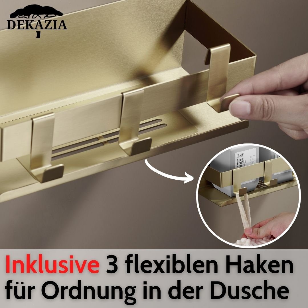 DEKAZIA Duschablage ohne Bohren, Selbstklebender Duschkorb, Duschregal Edelstahl, selbstklebend, 5 Farben erhätlich, inkl. Klebeset & 3 Haken, Badezimmerregal, Bad Regal,Aufbewahrung Bad, Duschzubehör
