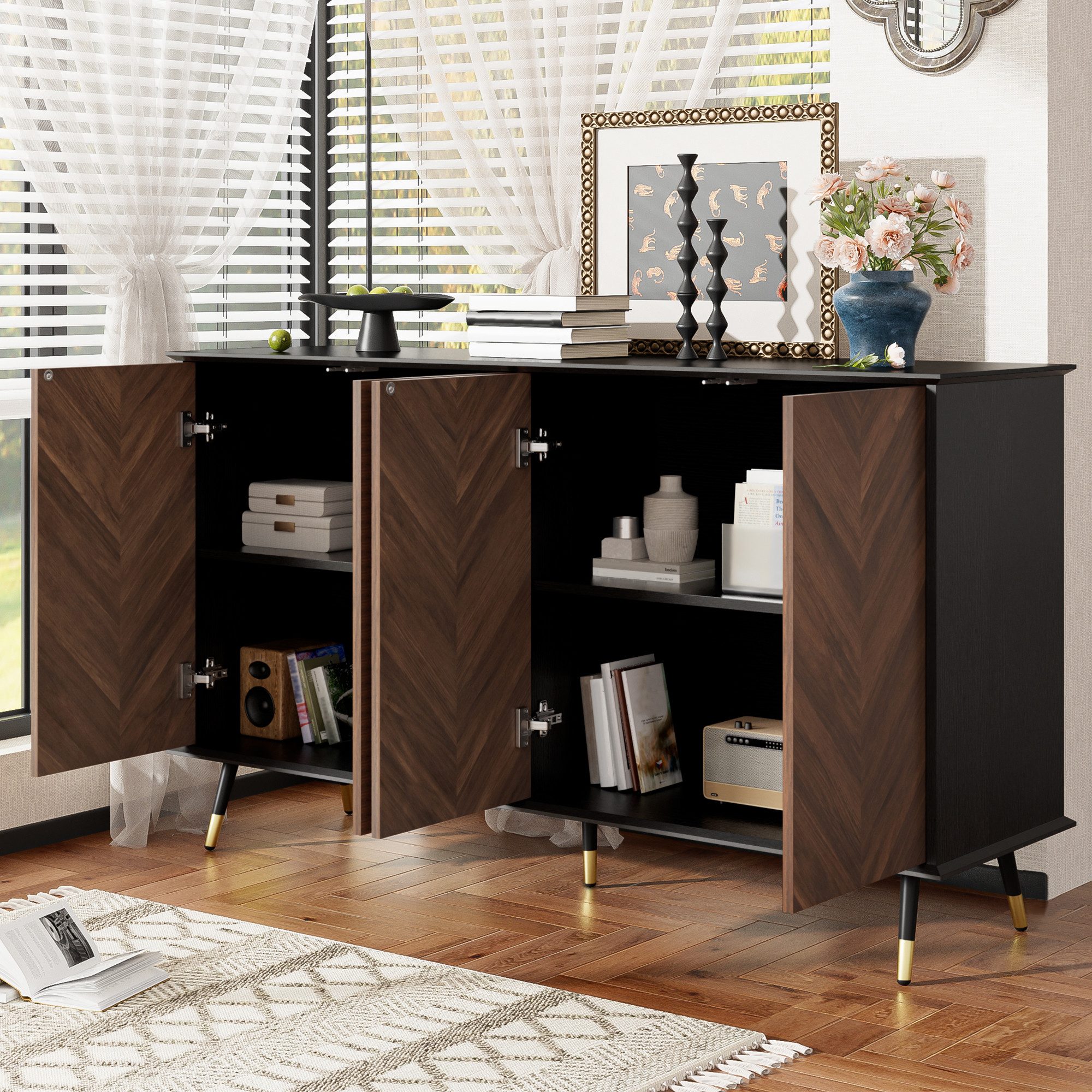 Merax Sideboard Fischgrätmuster Wohnzimmerschrank Buffet Schrank (140 x 40 x 80 cm, 1 St), Kommode mit 4 Türen, Stauraum, Metallbeine & Verstellbaren Regalen