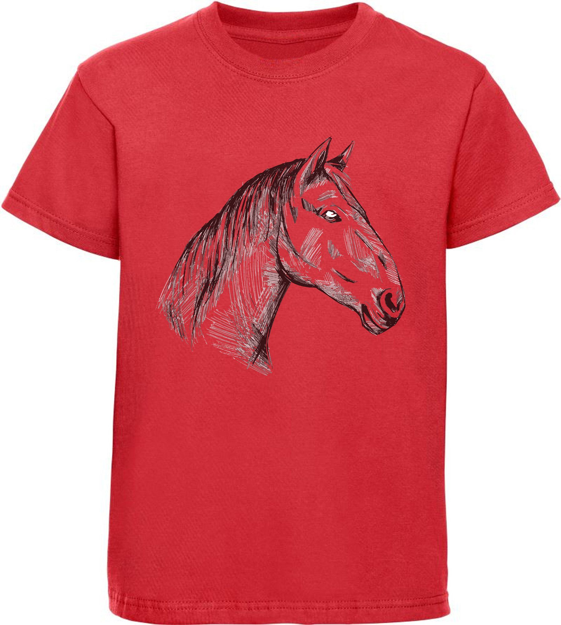 Print-Shirt MyDesign24 gezeichneter Pferdekopf Aufdruck, T-Shirt Baumwollshirt i142 mit Mädchen bedrucktes rot