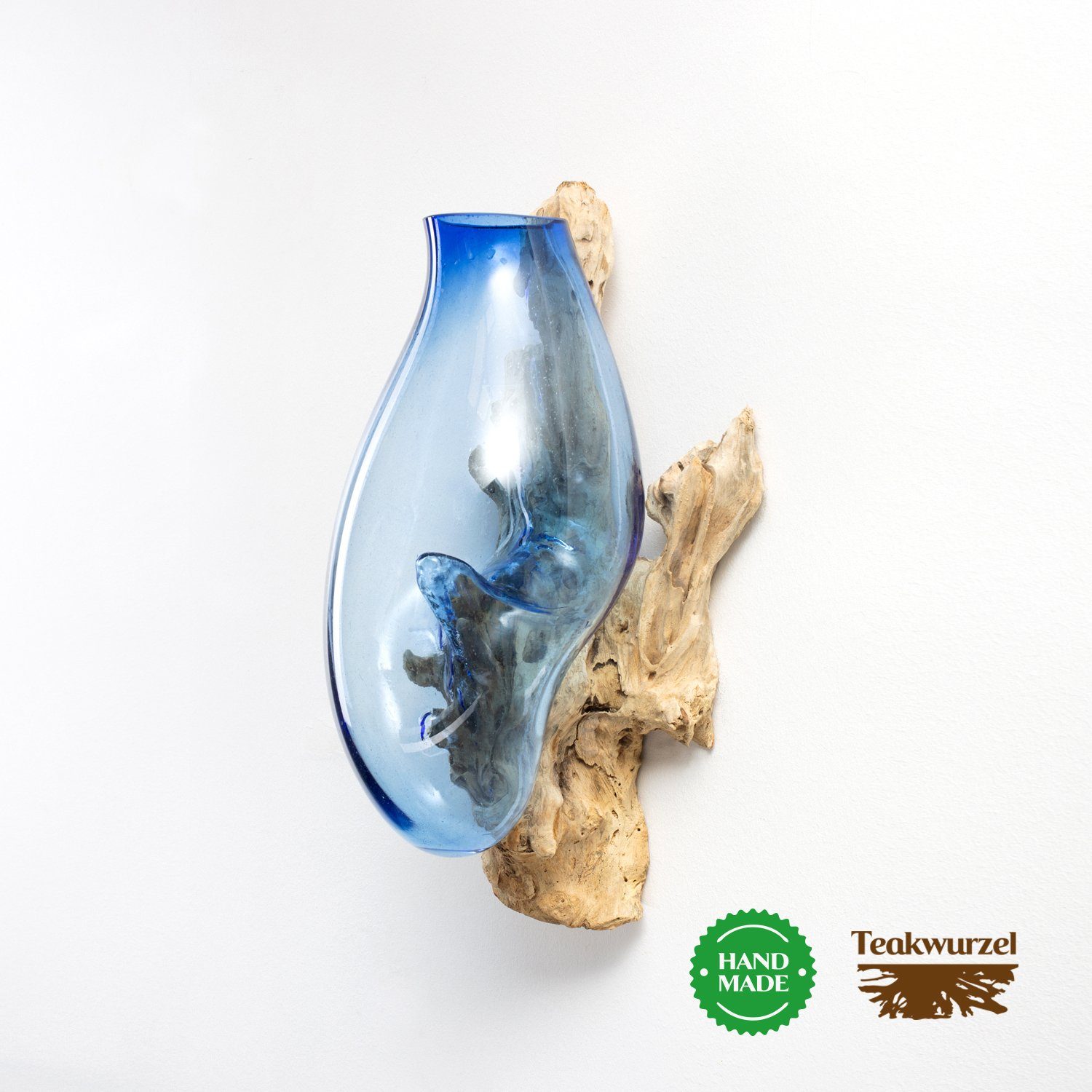 Rikmani Dekovase Deko Wandvase auf Schmelzvase Teakholzwurzel Blau Glas aus Designer DULCIA, Geschenk aus Glas Kombination Moderne Glas Holz Wanddekoration Blumenvase aus und Vase