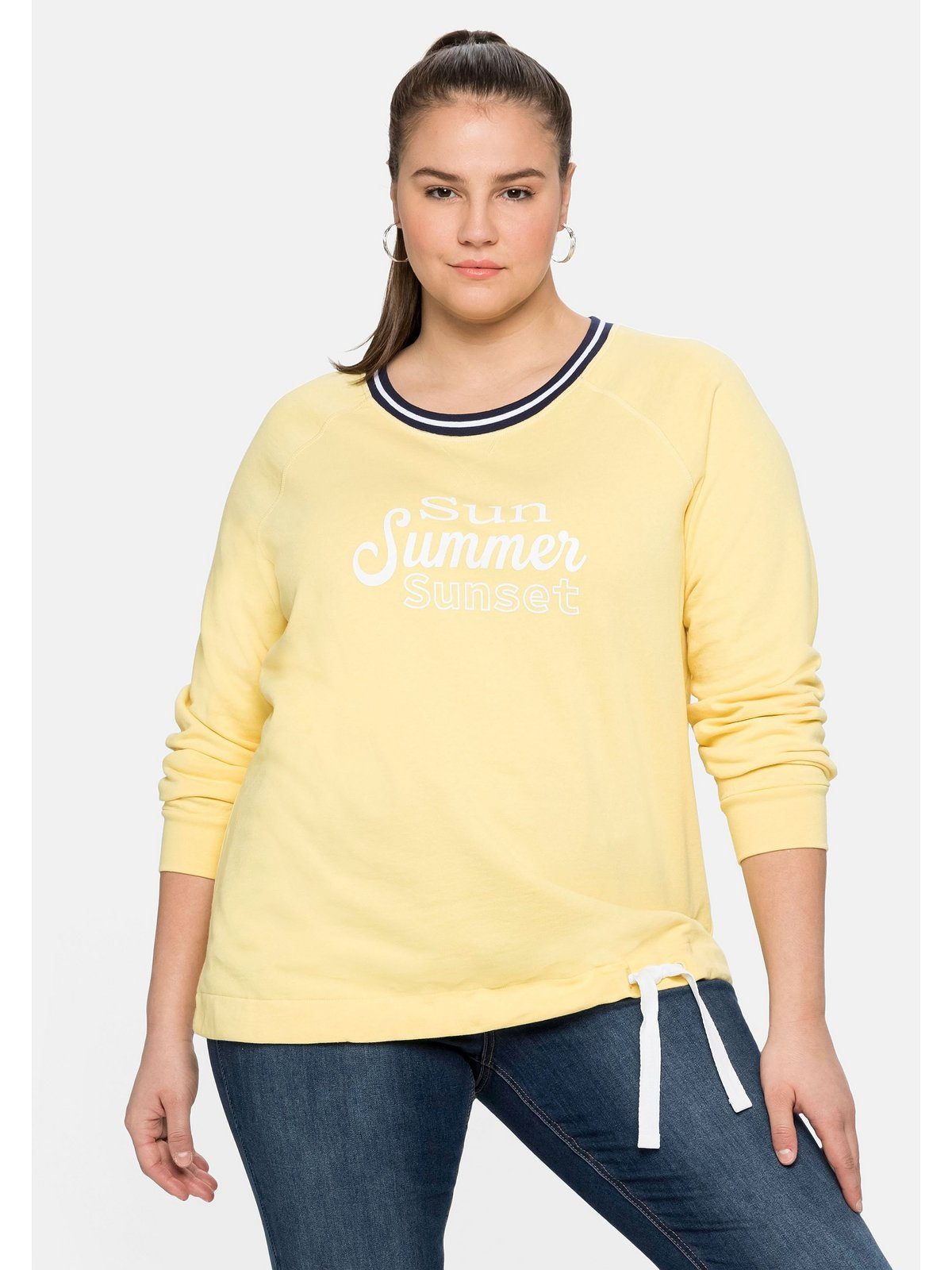 Sheego und Kontrast-Rundhals Größen Große Frontdruck mit Sweatshirt