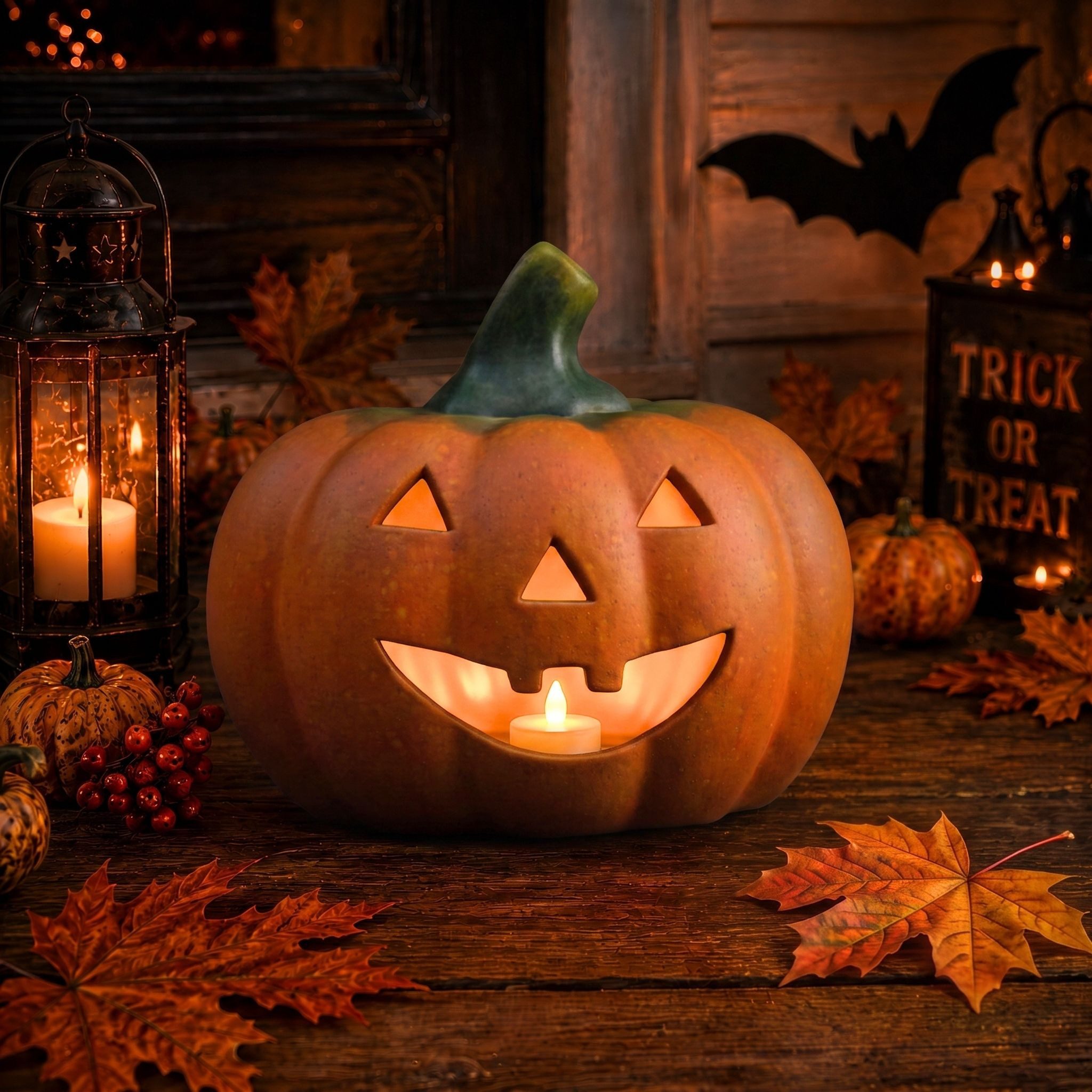 matches21 HOME & HOBBY Dekofigur Kürbis-Laterne als LED Halloween-Deko Windlicht in 22x20 cm, Gruseliger Jack-O-Lantern Deko-Kürbis als innen außen Herbst-Deko – Bild 5 von 5