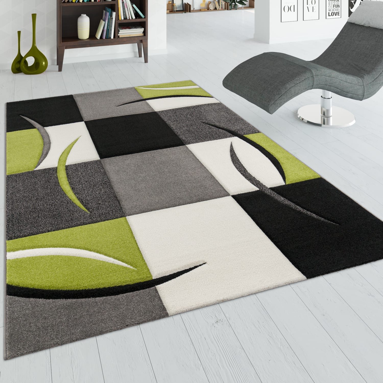 KADIMA DESIGN Teppich Karo Wohnzimmer 100% Polypropylen schmutzabweisend Teppich Kurzflor, Läufer, Höhe: 16 mm, Florhöhe: 12 mm, 100% Polypropylen, Rechteckig, 60x110cm, Grün