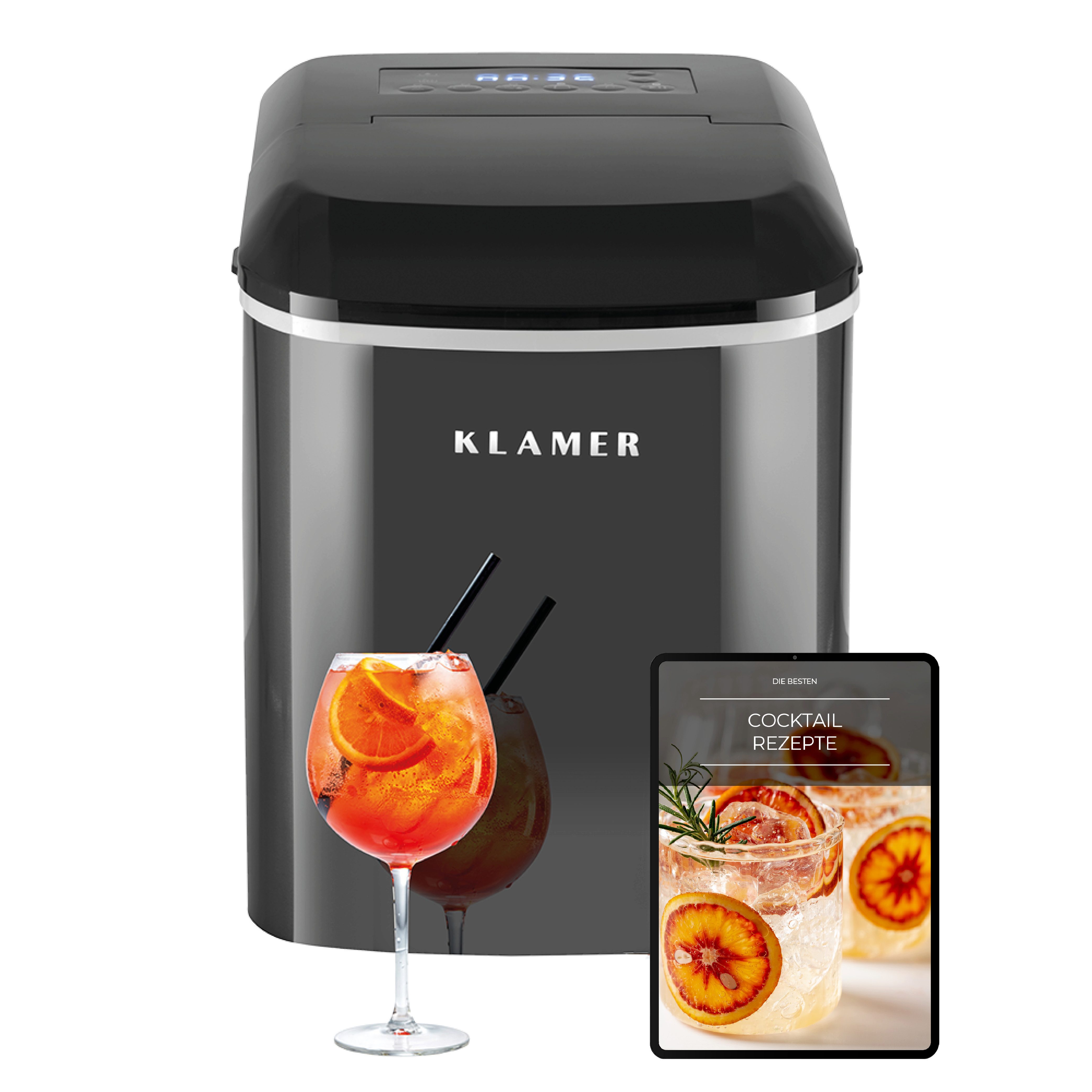 KLAMER Eiswürfelmaschine 10 Eiswürfel in 7-9 Minuten, 15 kg Eiswürfel pro Tag, 2 Eiswürfelgröß…, 120W, 2,1L Wassertank, Signallampe, Auto-Reinigung, mit Eisschaufel