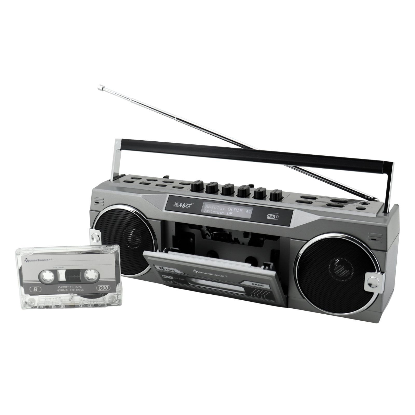 Soundmaster SRR80TI Retro Radiokassettenrekorder DAB+ Bluetooth USB/SD Aufnahme Boombox (DAB+, UKW, 3 W, Aufnahmefunktion auf Kassette, Abspielen USB MP3, Klangregler)