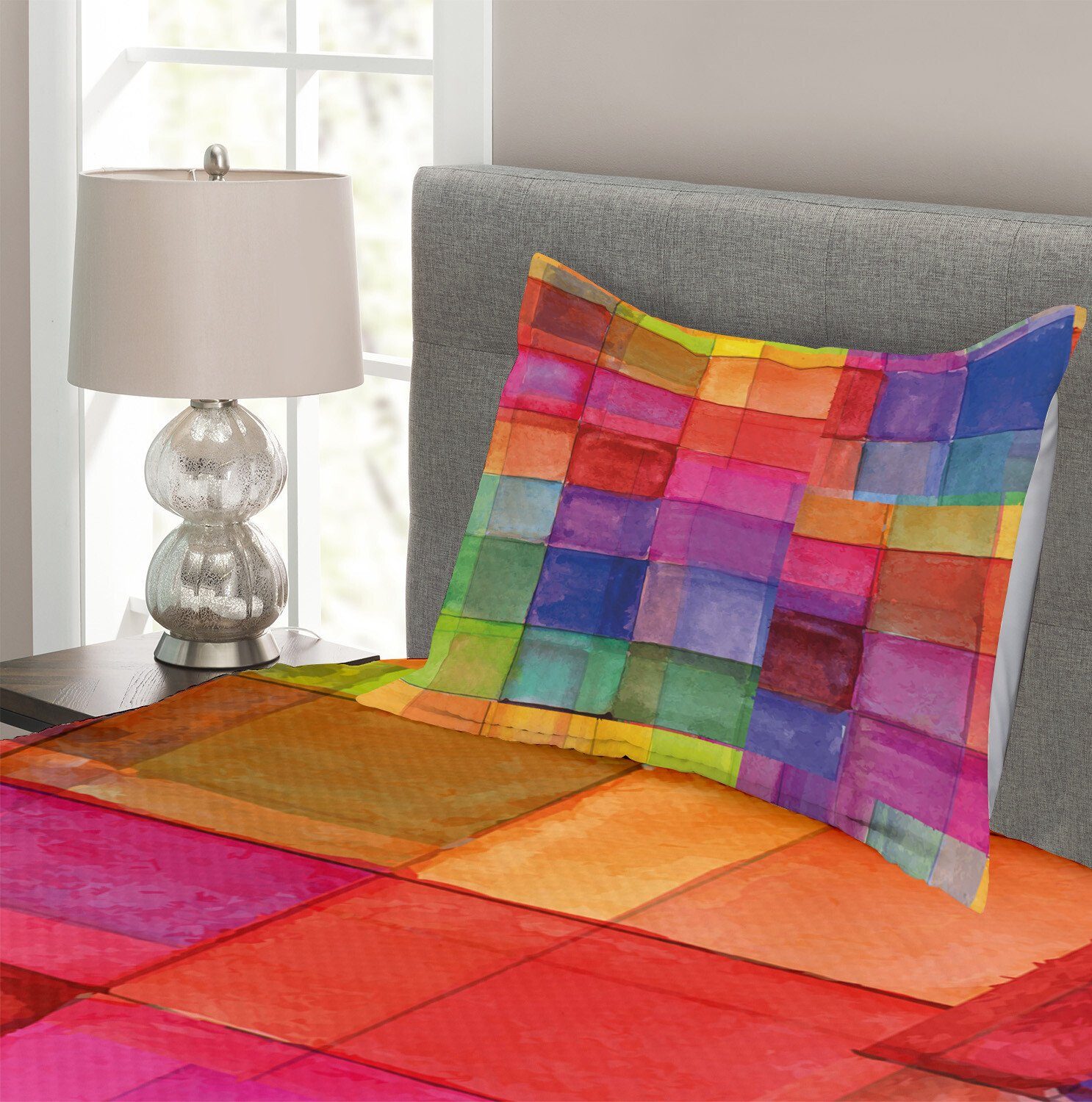 Tagesdecke Set mit Kissenbezügen Abstrakt Regenbogen-Farben-Quadrate Waschbar, Abakuhaus