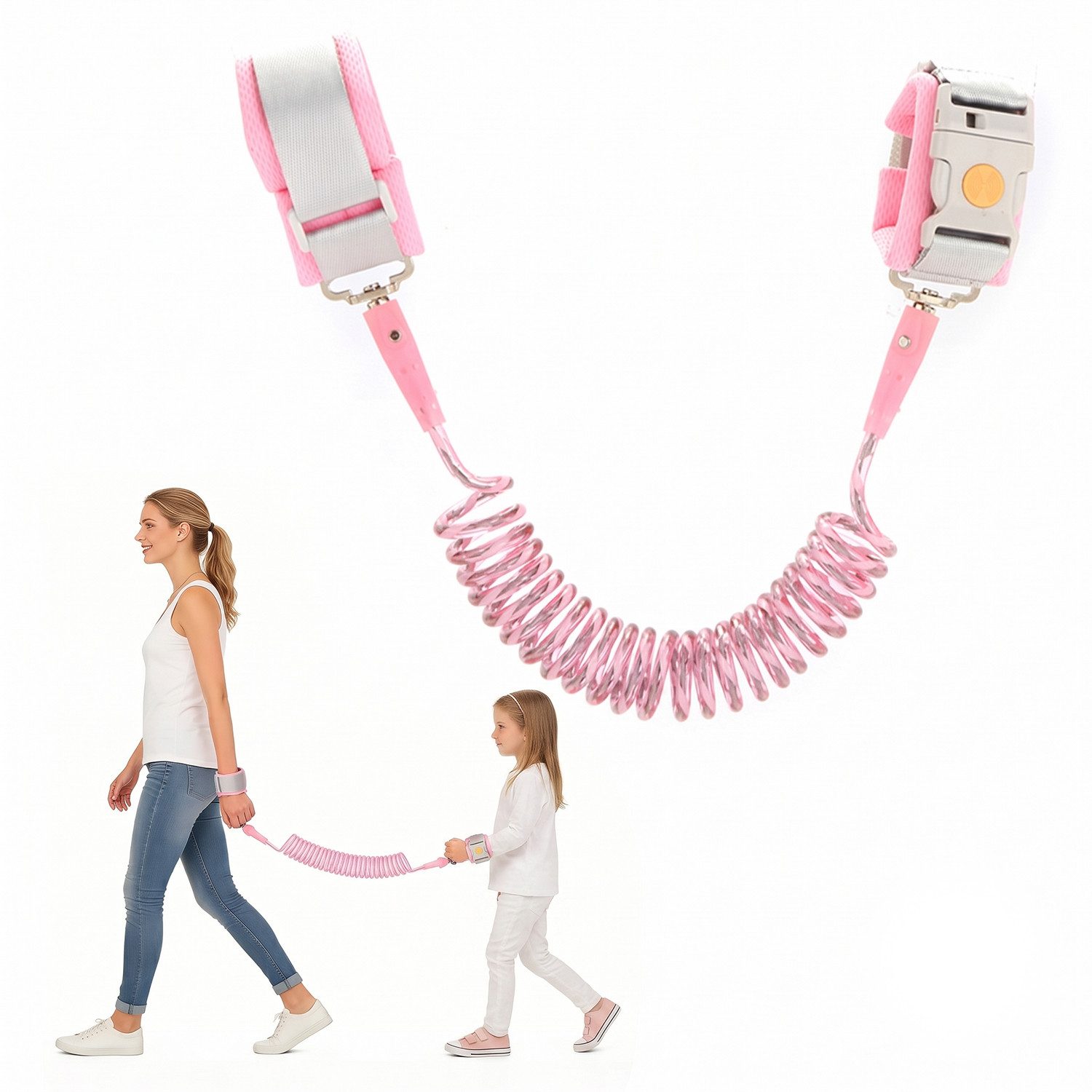 HEYHIPPO Führleine Kinder Sicherheitsleine 2m mit Schloss & Reflektor Blau/Pink, (Kinderleine mit Sicherheitsgurt –für Menschenmengen & Ausflüge), Anti-Verlust Leine – elastisches Stahlseil, für Spaziergänge & Reisen